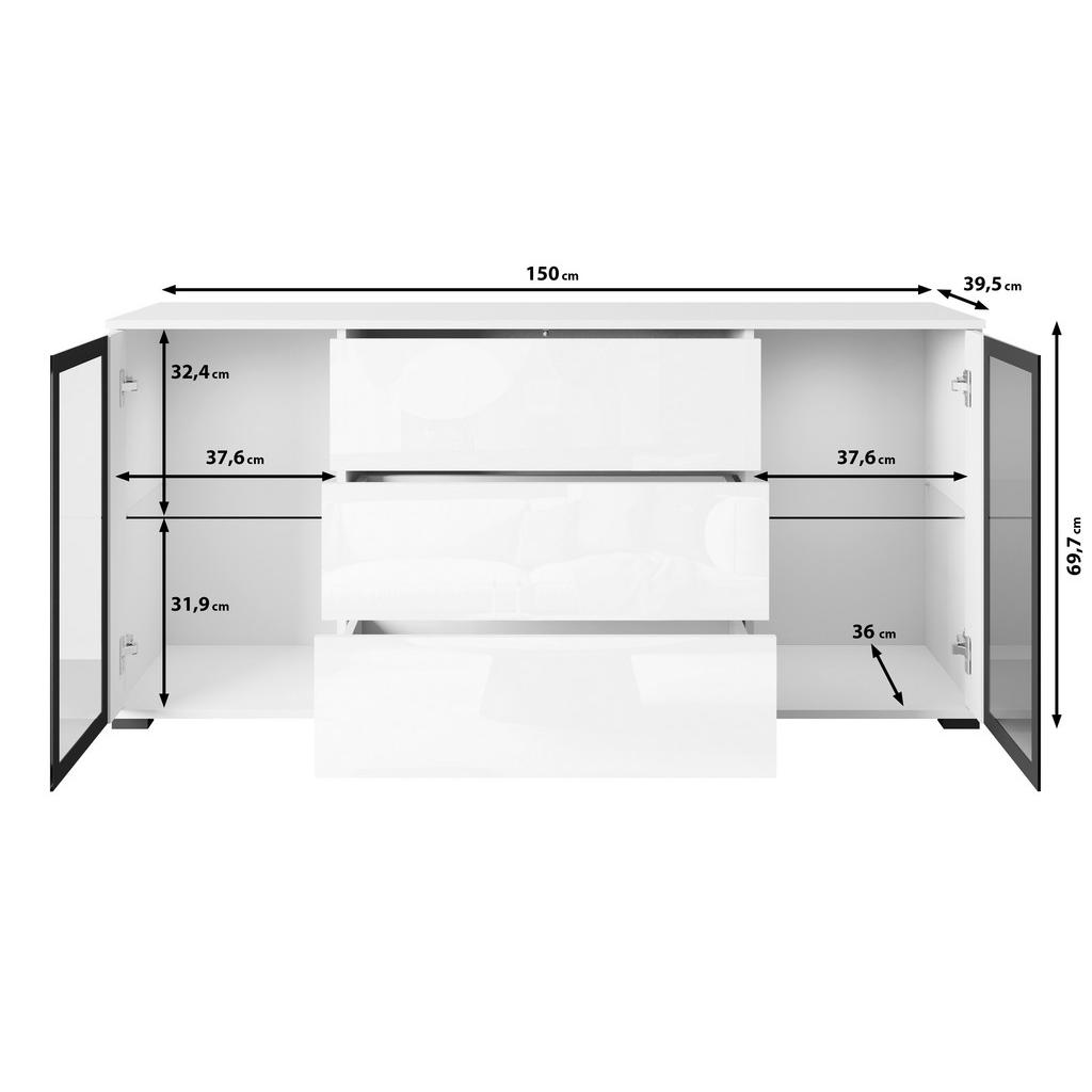 Thumbnail - Livetastic Sideboard Caro, Weiß, Weiß Hochglanz, Glas, 2 Fächer, 3 Schubladen, 150x69.7x39.5 cm, Fsc, stehend, Schlafzim...