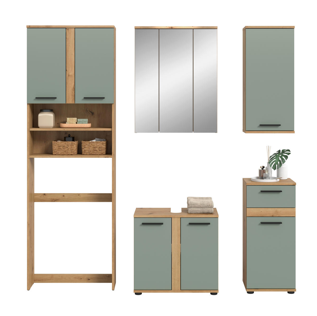 BADEZIMMER 5-teilig  in 188 cm  - Salbeigrün/Schwarz, Trend, Glas/Holzwerkstoff (188cm) - MID.YOU