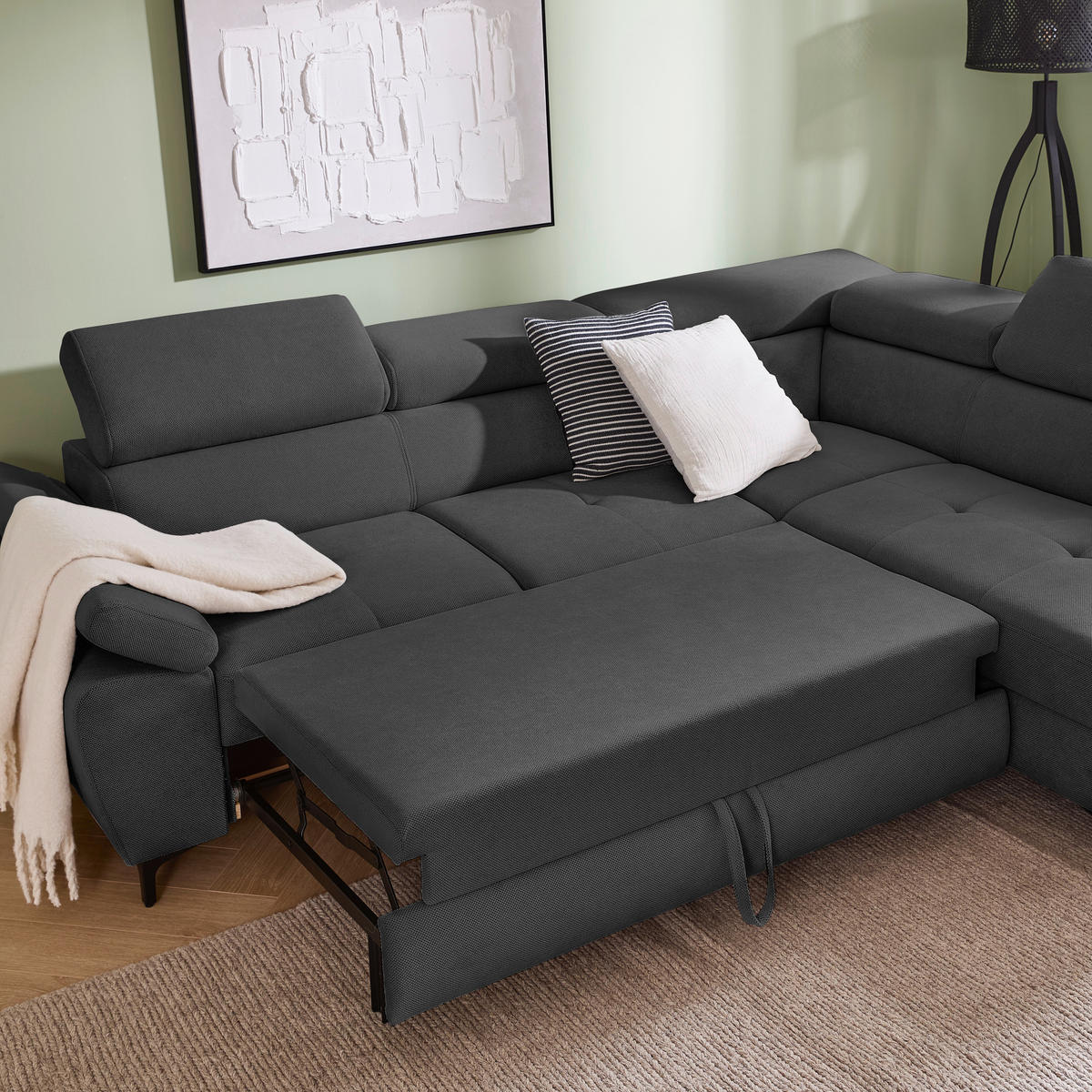 ECKSOFA inkl. Funktion COMBO Graphitfarben Flachgewebe  - Schwarz/Graphitfarben, Design, Textil/Metall (266/206cm) - Stylife