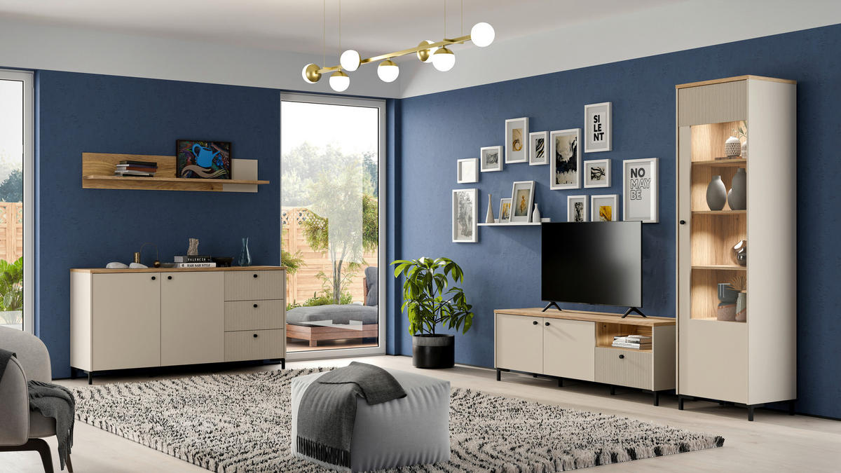 KOMODA, barve hrasta, peščene barve  - črna/barve hrasta, Moderno, kovina/umetna masa (152,8/79/41,9cm) - Cantus