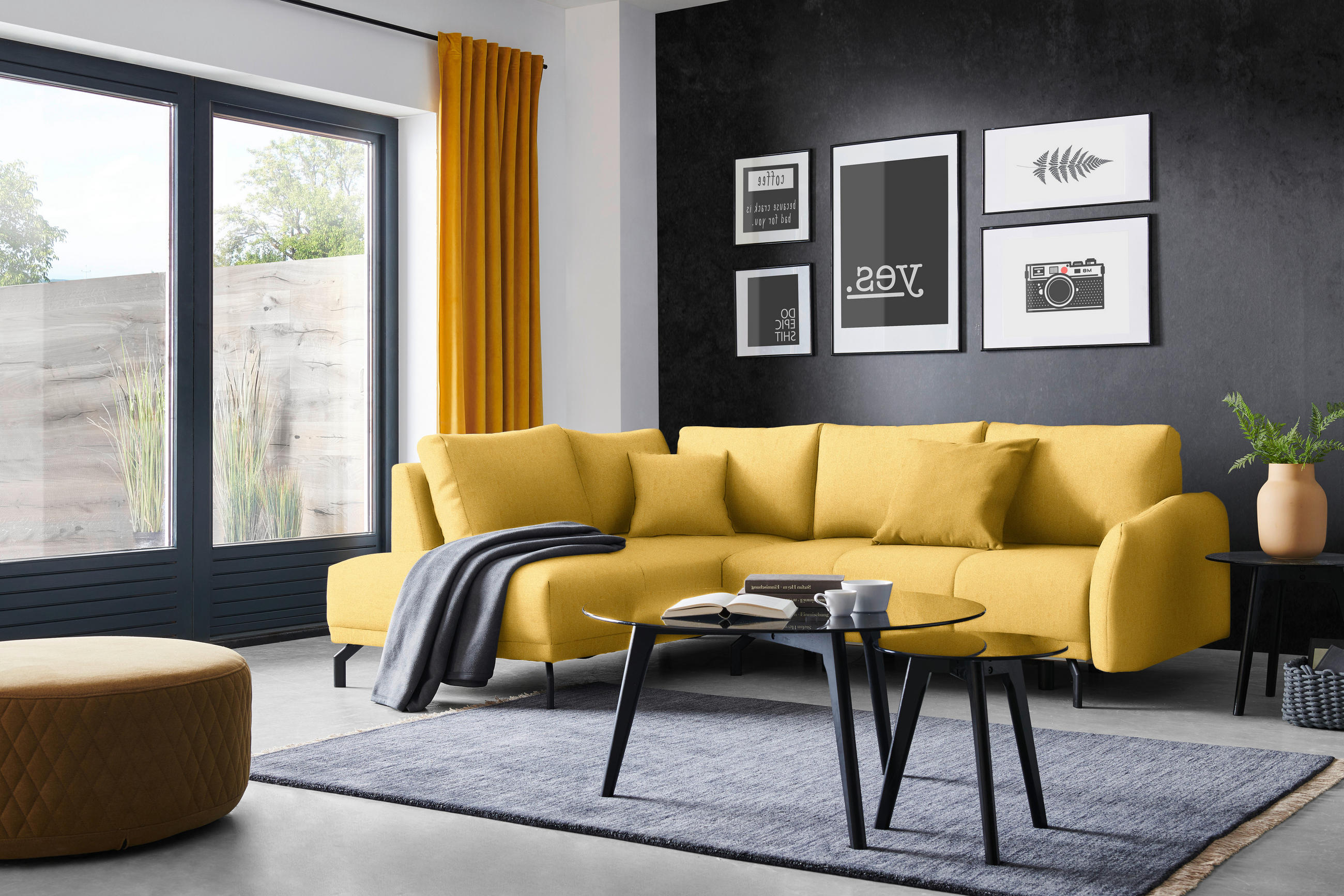 ECKSOFA in Webstoff Gelb  191/250 cm  - Gelb/Schwarz, LIFESTYLE, Textil/Metall (191/250cm) - Carryhome