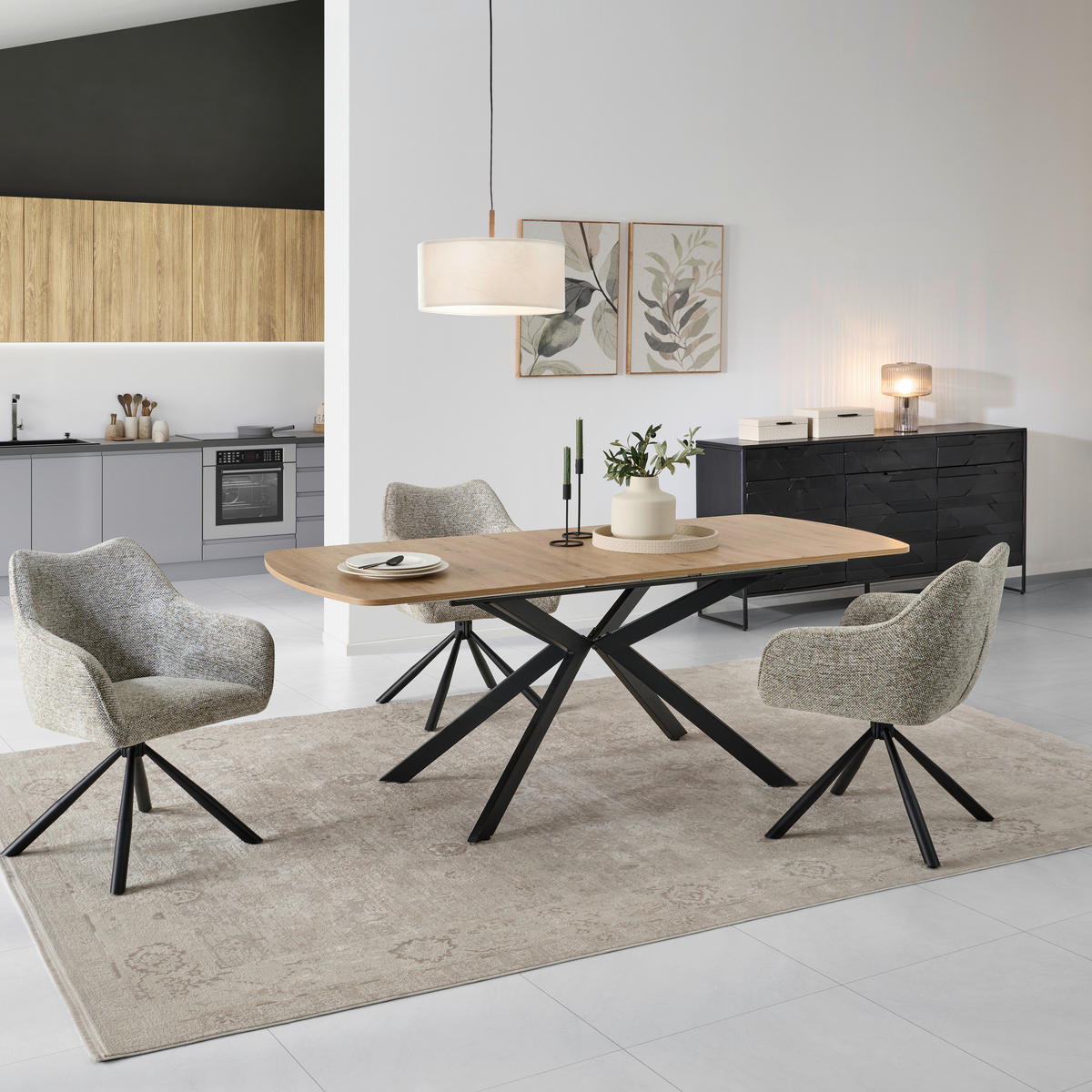 ESSTISCH in Metall, Holzwerkstoff 160-200/90/75 cm  - Schwarz/Eiche Artisan, KONVENTIONELL, Holzwerkstoff/Metall (160-200/90/75cm) - MID.YOU