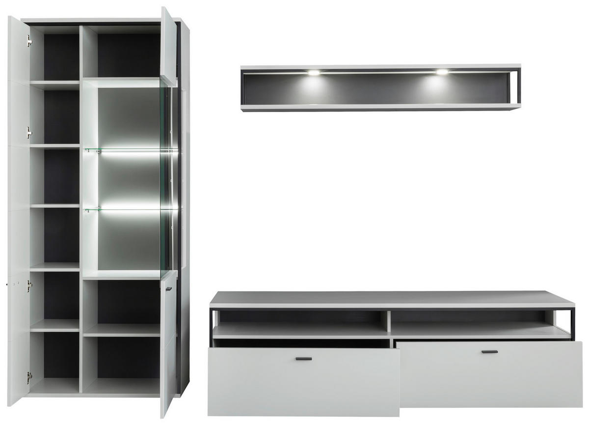 WOHNWAND  in Schwarz, Weiss 278/199/51 cm  - Weiss/Schwarz, Design, Glas/Holzwerkstoff (278/199/51cm) - Stylife