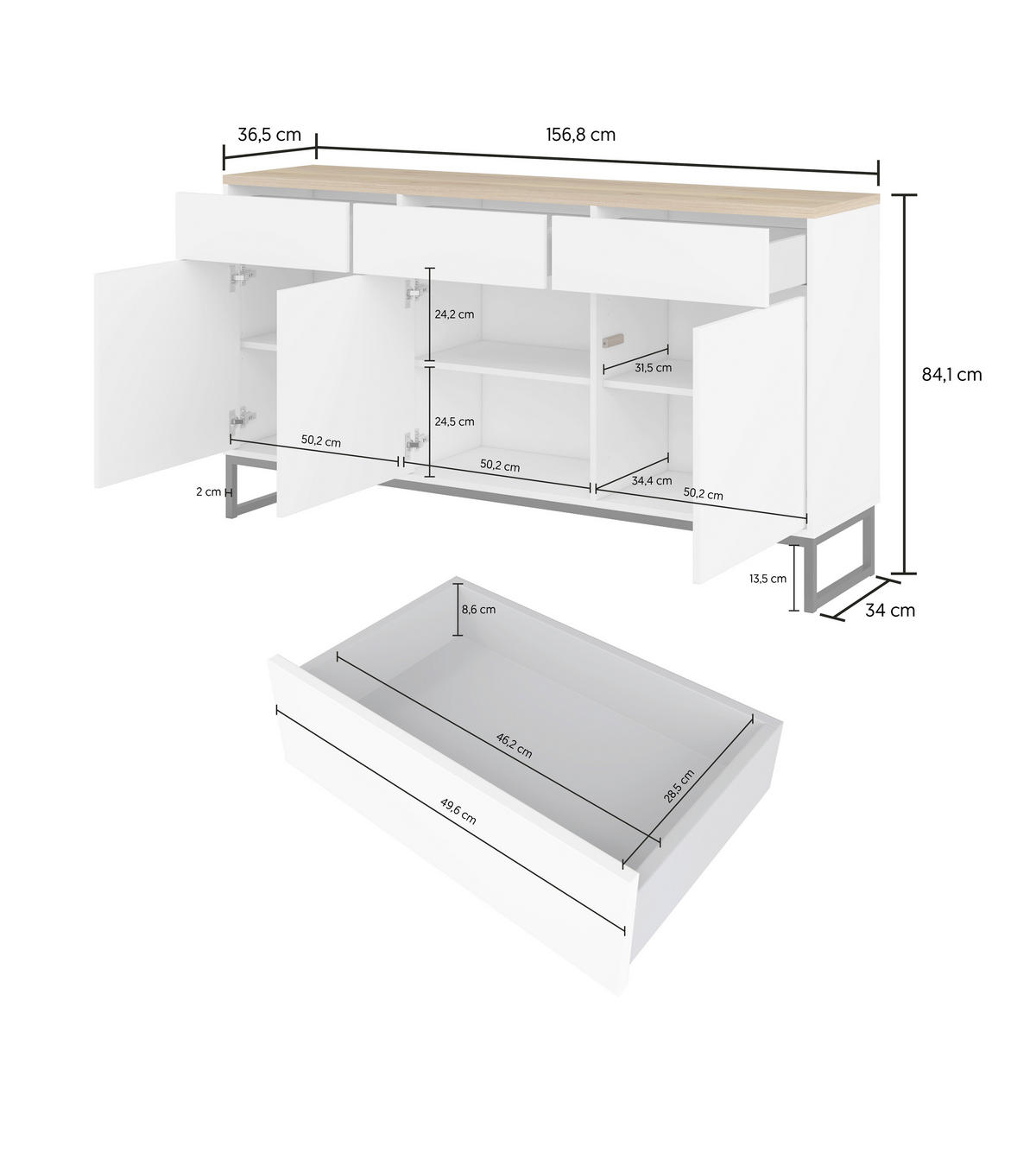SIDEBOARD Alto 156,8/84,1/36,5 cm 3 Schublade(n)  - Weiss/Eichefarben, Design, Holzwerkstoff/Metall (156,8/84,1/36,5cm) - MID.YOU