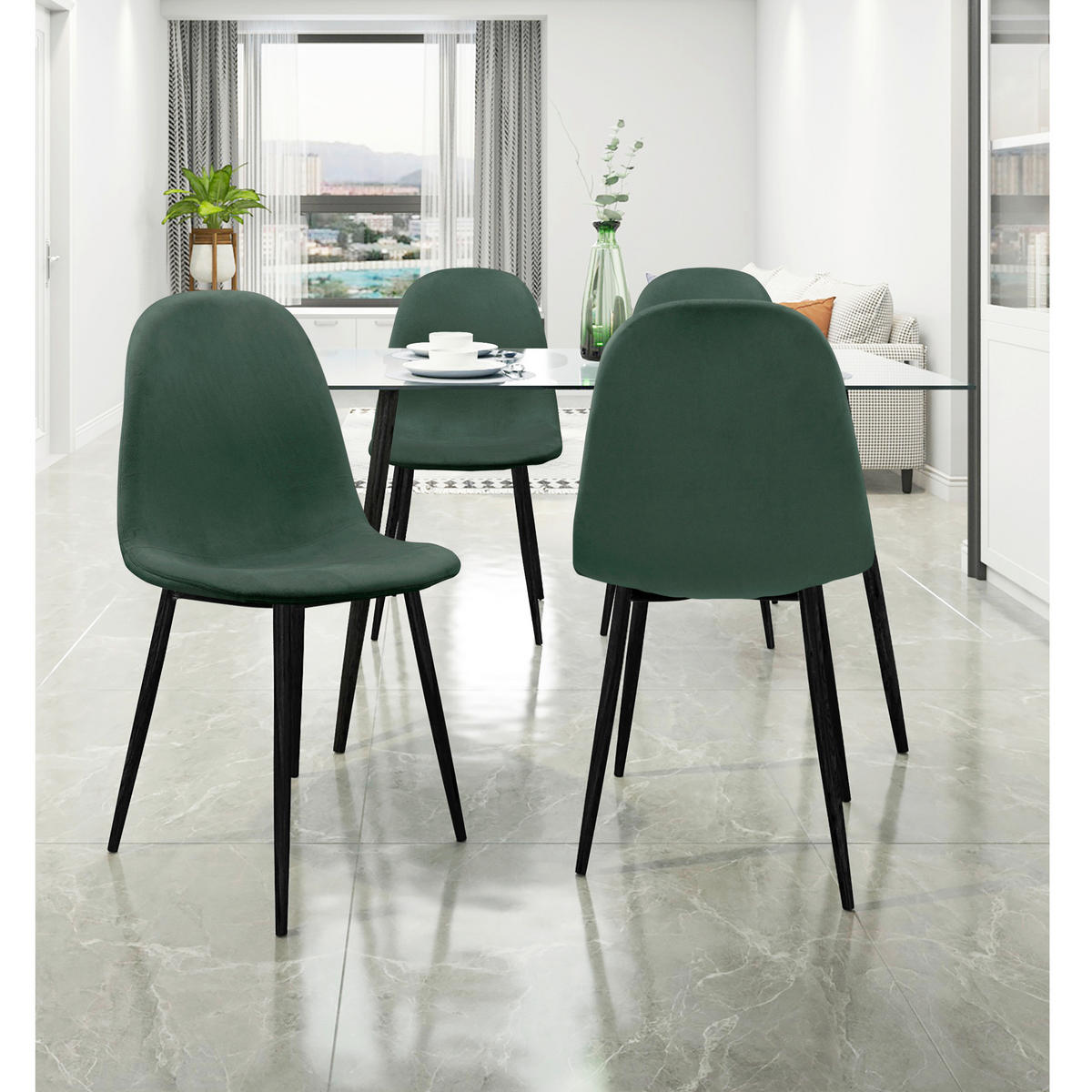 STUHL-SET 4 Stück  in Stahl Velours Metall, Textil  - Dunkelgrün/Schwarz, Design, Textil/Metall (44/87/51cm) - MID.YOU