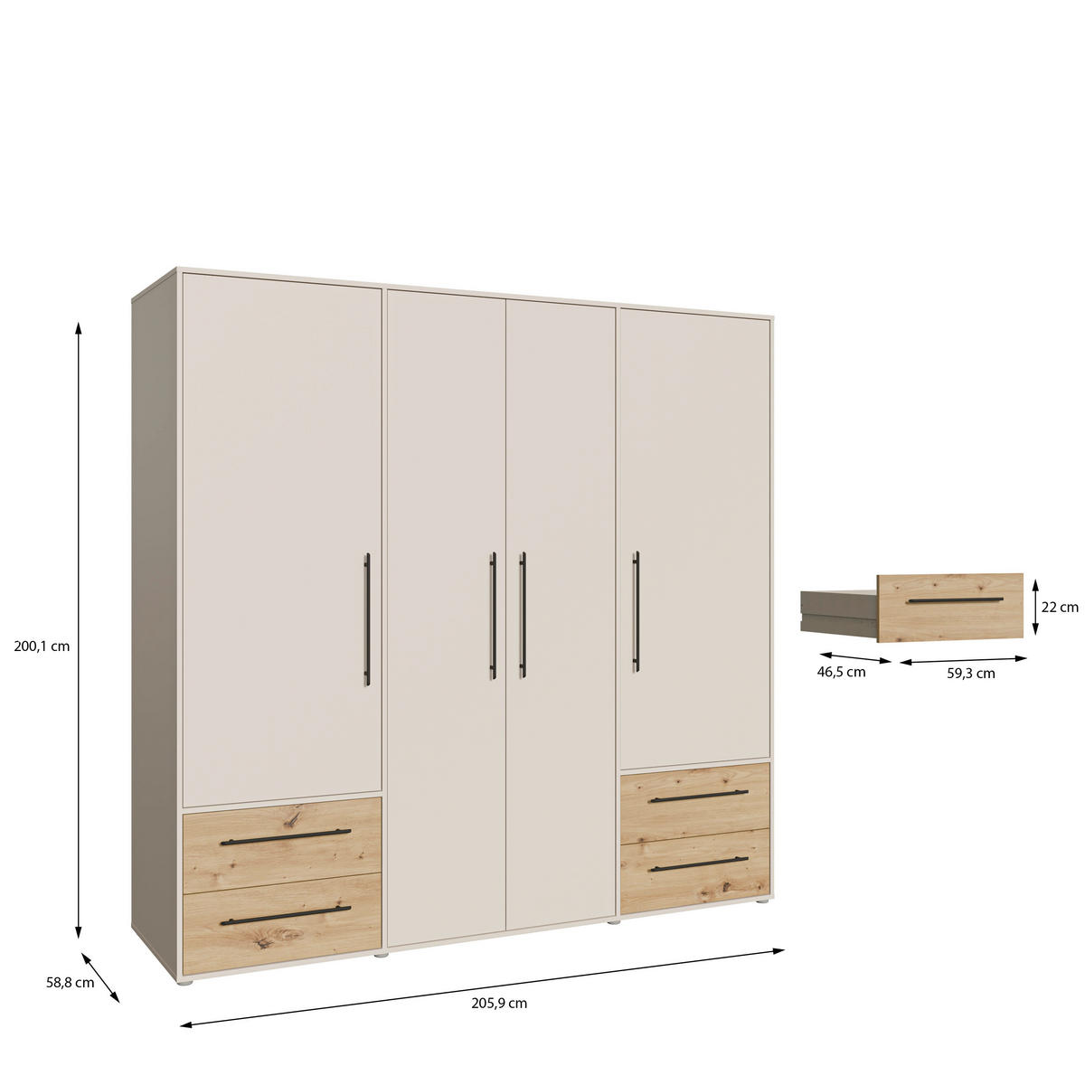 DREHTÜRENSCHRANK 205,9/200,1/58,8 cm,  in Sandfarben, Eiche Artisan, 4 Tür(en)  - Sandfarben/Schwarz, KONVENTIONELL, Holzwerkstoff/Kunststoff (205,9/200,1/58,8cm) - Milino