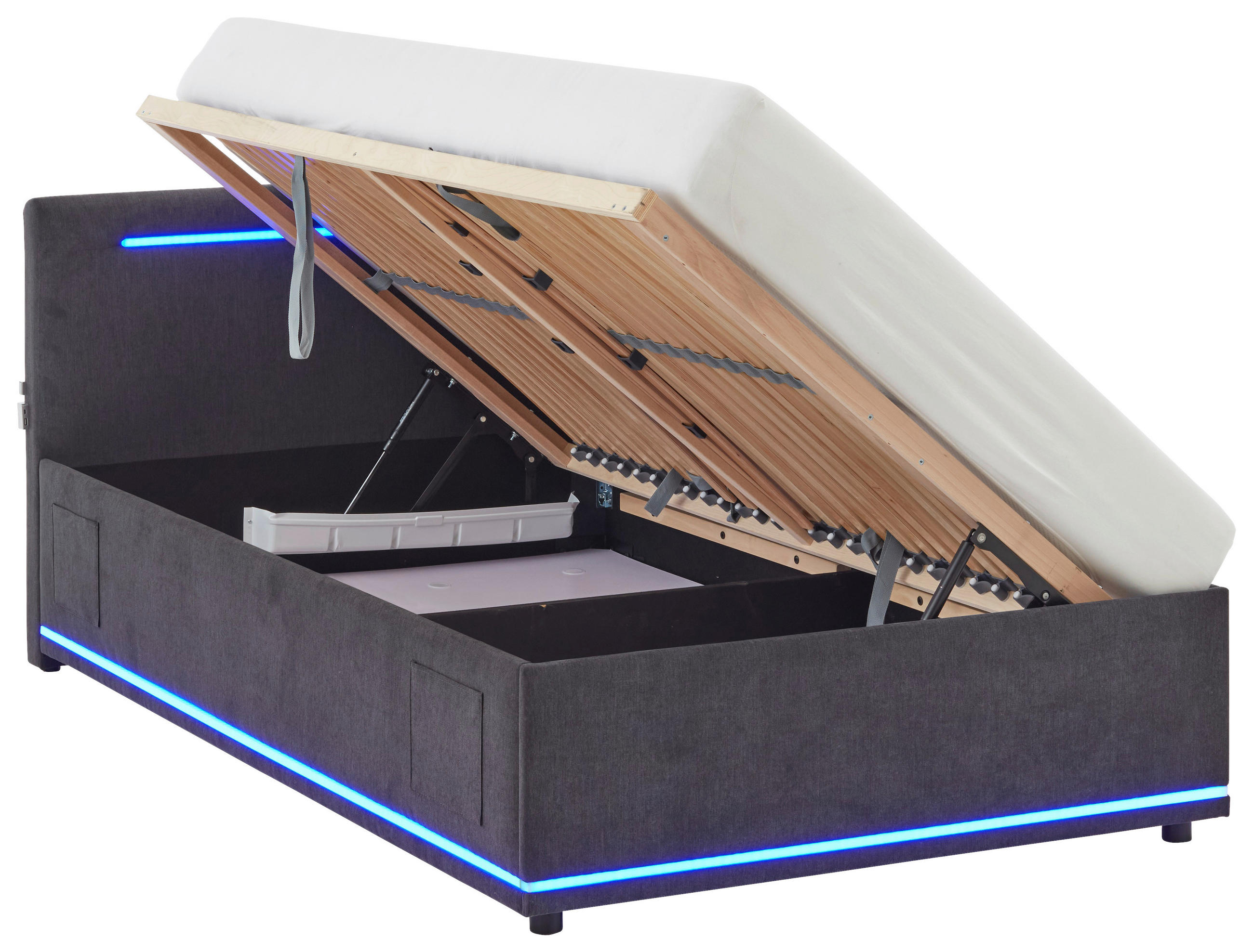 POLSTERBETT 140/200 cm,  in Graphitfarben, Beleuchtung, Lattenrost, Bettkasten,  - Birkefarben/Buchefarben, Design, Holz/Kunststoff (140/200cm) - Xora