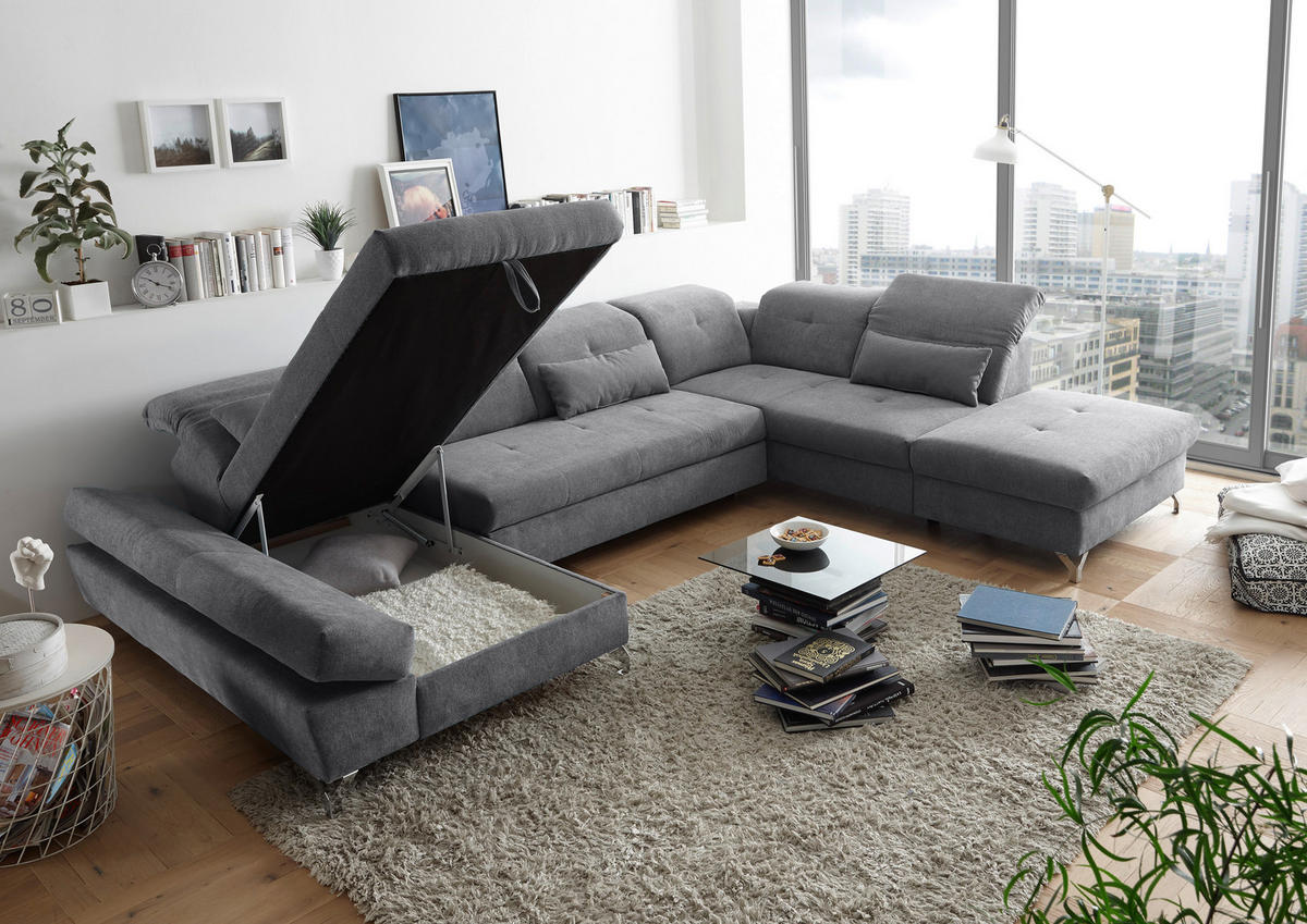 WOHNLANDSCHAFT Dunkelgrau Mikrovelours  - Dunkelgrau/Silberfarben, MODERN, Textil/Metall (168/350/245cm) - MID.YOU