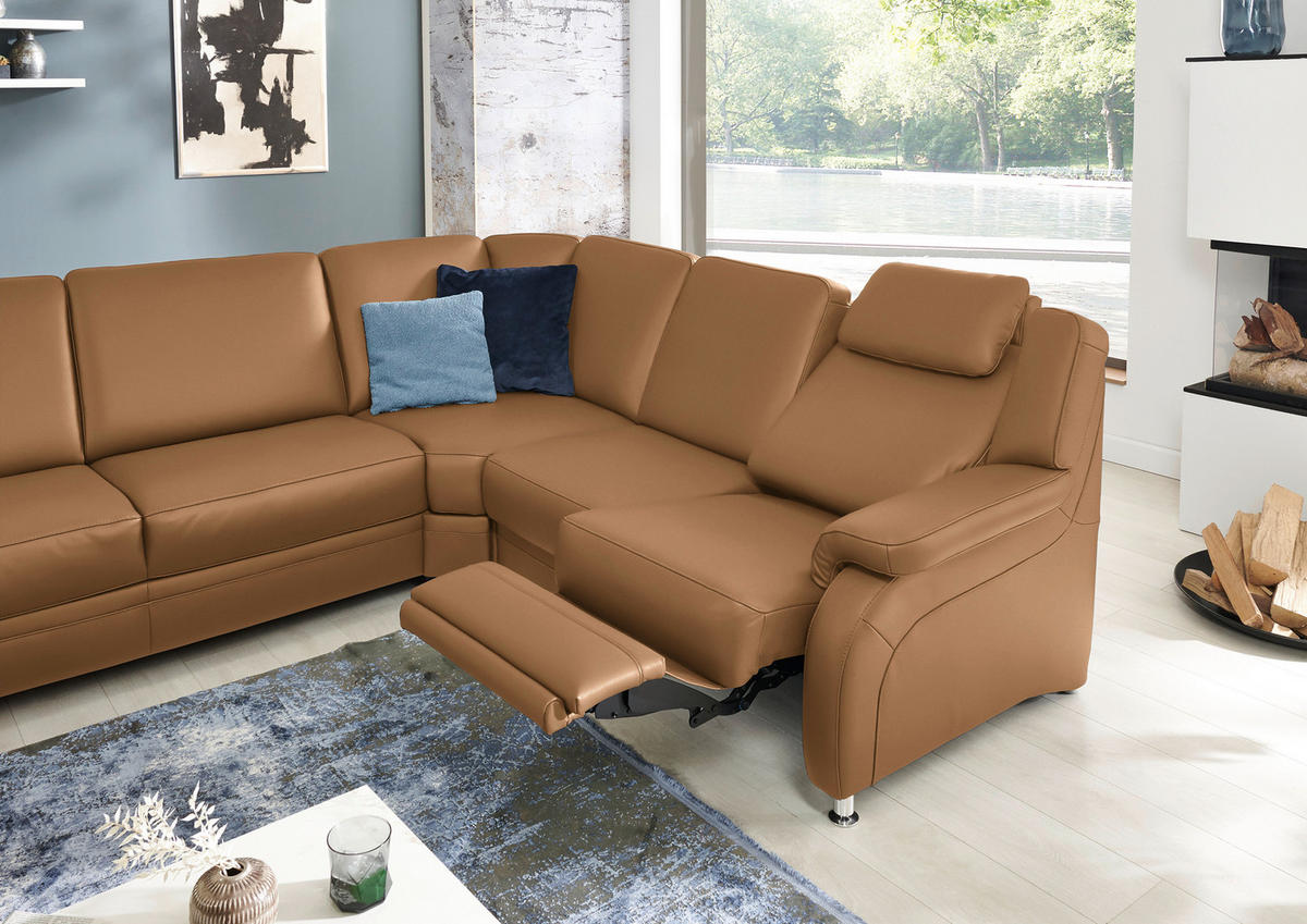 WOHNLANDSCHAFT Echtleder Hellbraun  - Hellbraun/Alufarben, Konventionell, Leder/Metall (165/329/239cm) - Beldomo Premium