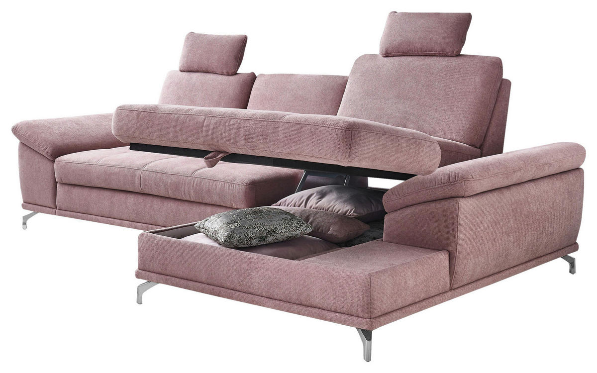 ECKSOFA Flieder Flachgewebe Bettkasten, Schlaffunktion, Sitztiefenverstellung, Kopfstütze, Liegefläche im Originalstoff  - Silberfarben/Flieder, KONVENTIONELL, Textil/Metall (301/176cm) - Sit & More