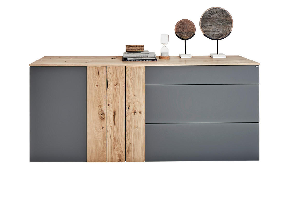 SIDEBOARD Wildeiche furniert, mehrschichtige Massivholzplatte (Tischlerplatte) Grau, Eichefarben Einlegeboden  - Eichefarben/Grau, MODERN, Glas/Holz (192/85,5/52cm) - Voglauer