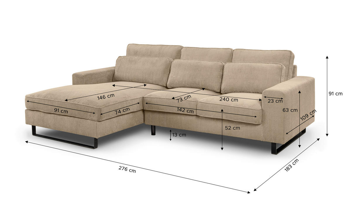 ECKSOFA BOLIVIA Beige Cord  - Beige/Schwarz, Basics, Textil/Metall (276/183cm) - MID.YOU