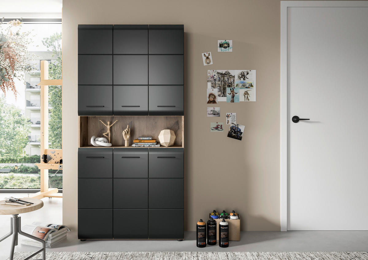 HOCHSCHRANK 90/185/30 cm  - Eiche dunkel/Schwarz, Basics, Holzwerkstoff/Kunststoff (90/185/30cm) - MID.YOU