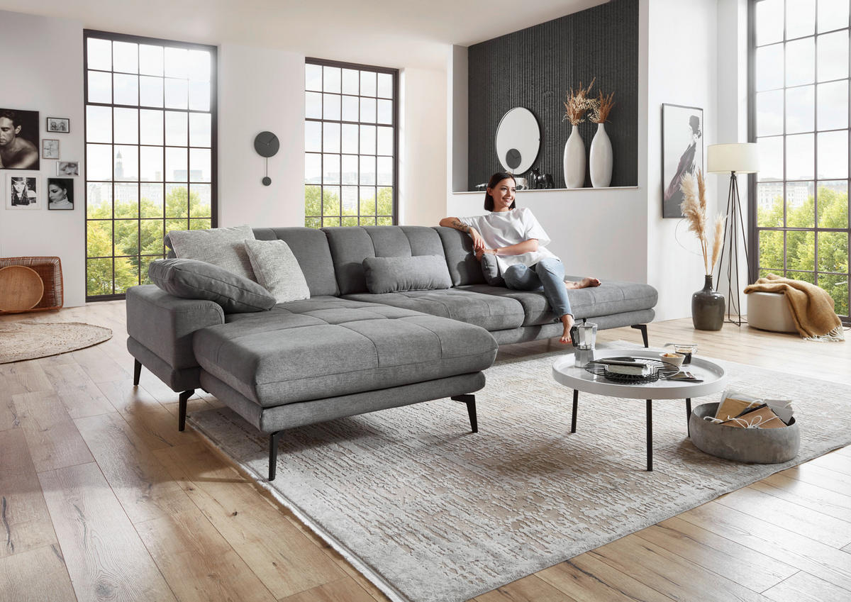 ECKSOFA in Flachgewebe Grau  - Schwarz/Grau, Design, Textil/Metall (190/309cm) - Beldomo Style