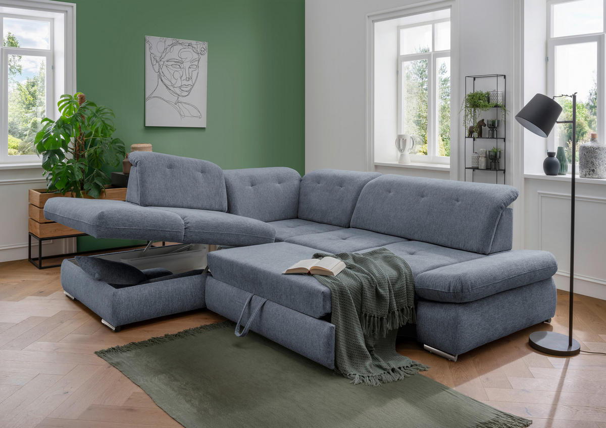 ECKSOFA in Chenille Hellblau  - Chromfarben/Hellblau, Design, Textil/Metall (254/280cm) - Livetastic