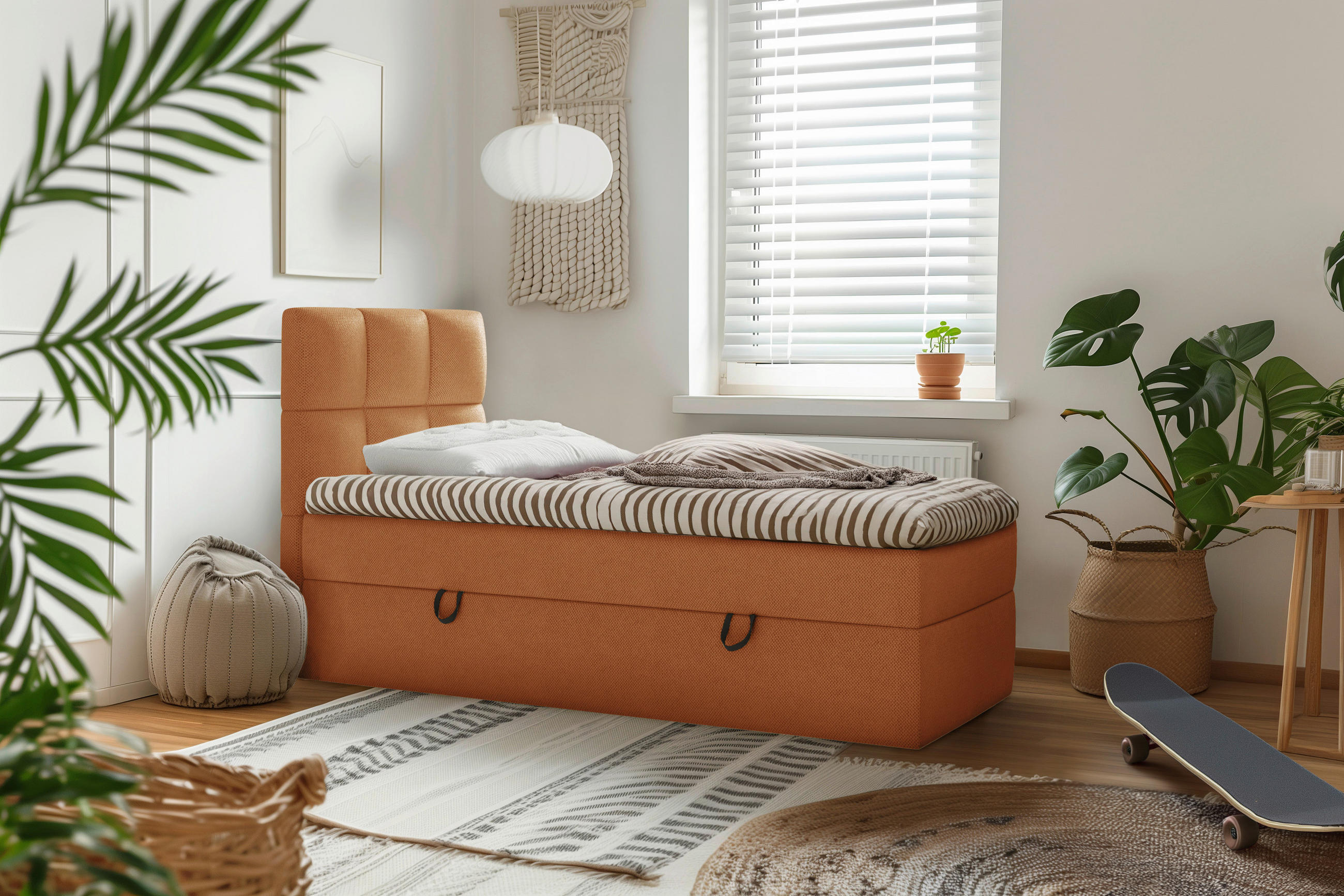 BOXBETT 90/200 cm,  in Rostfarben, gepolstertes Kopfteil, Bettkasten, Topper, H3 = fest  - Rostfarben/Schwarz, MODERN, Holz/Holzwerkstoff (90/200cm) - MID.YOU