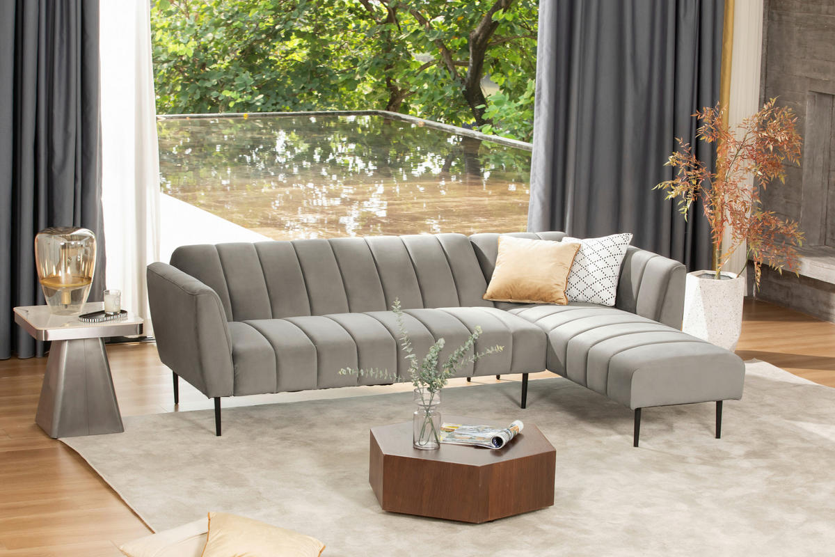 ECKSOFA Grau Samt  - Schwarz/Grau, MODERN, Textil/Metall (253/87/169cm) - P & B