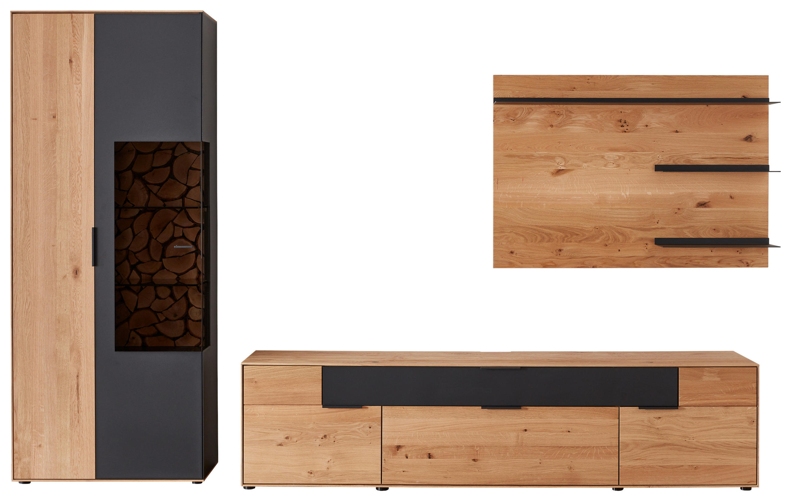 WOHNWAND  in Schwarz, Eichefarben  293/195,9/45,2 cm  - Eichefarben/Erlefarben, Design, Glas/Holz (293/195,9/45,2cm) - Valdera