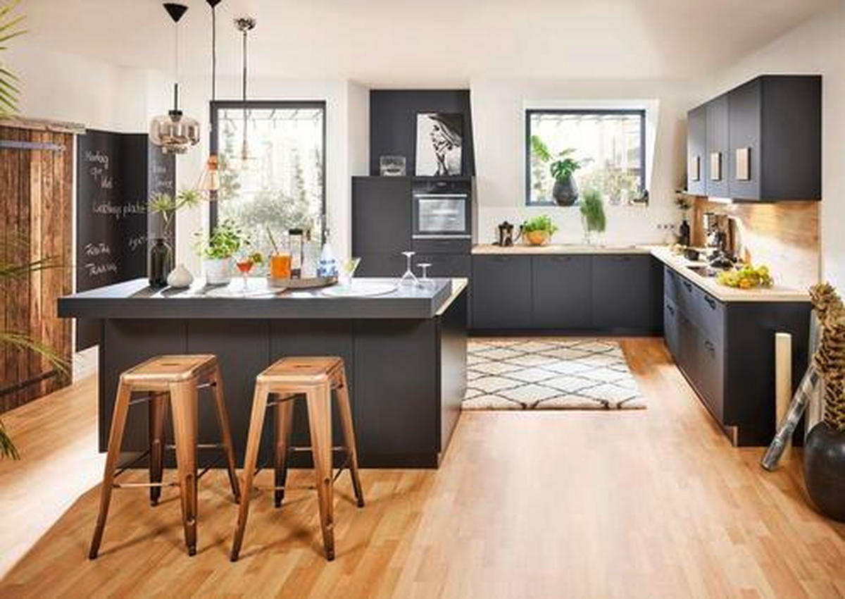 EINBAUKÜCHE DK309  - Eichefarben/Schwarz, Design, Holzwerkstoff - Dieter Knoll