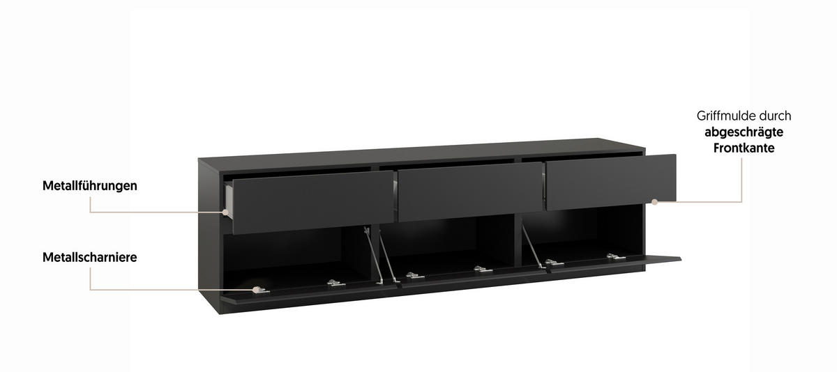 LOWBOARD Bern 179,9/52,3/40 cm 3 Schublade(n) stehend  - Schwarz, Design, Holzwerkstoff (179,9/52,3/40cm) - MID.YOU