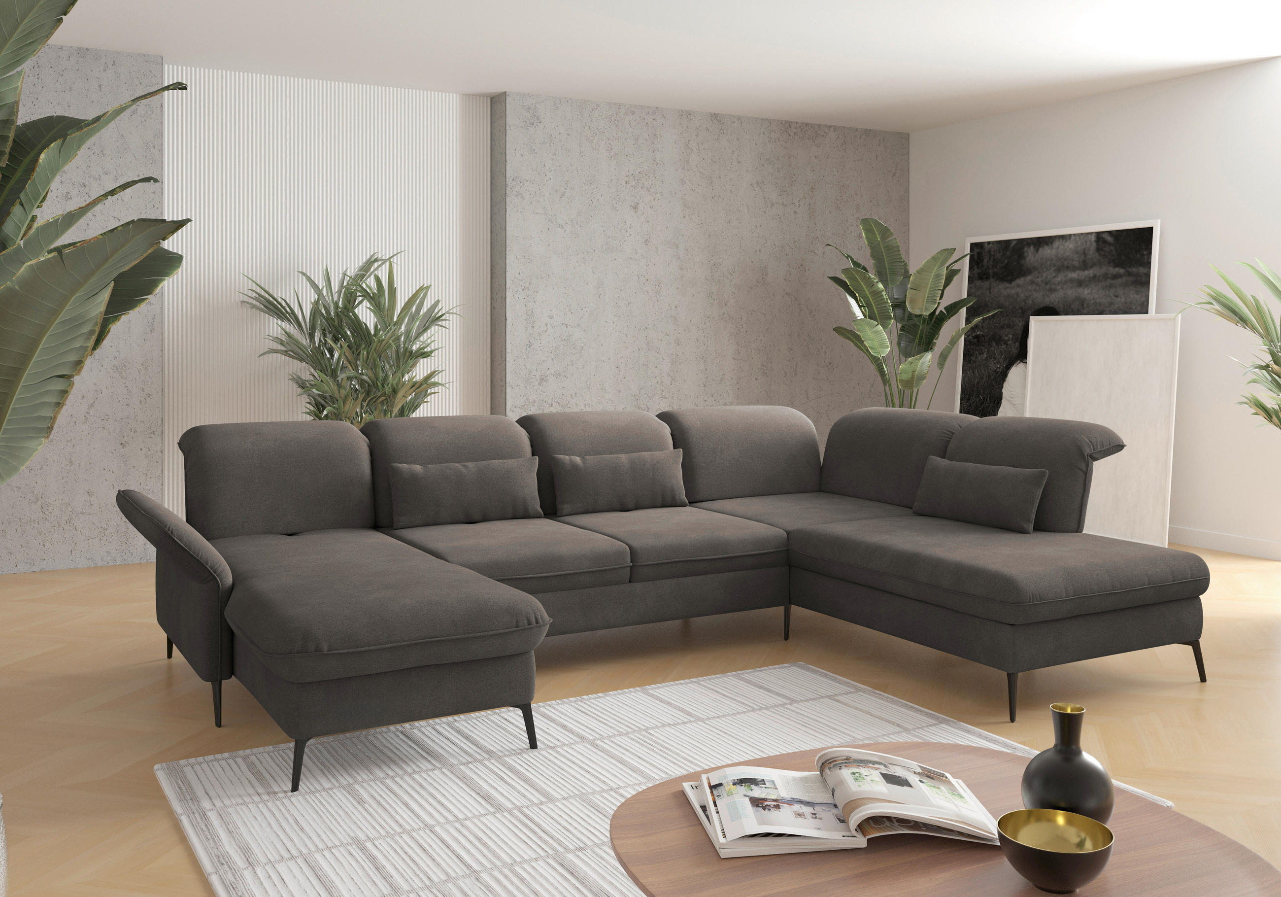WOHNLANDSCHAFT Graphitfarben Flachgewebe  - Schwarz/Graphitfarben, KONVENTIONELL, Textil/Metall (198/359/231cm) - Sit & More