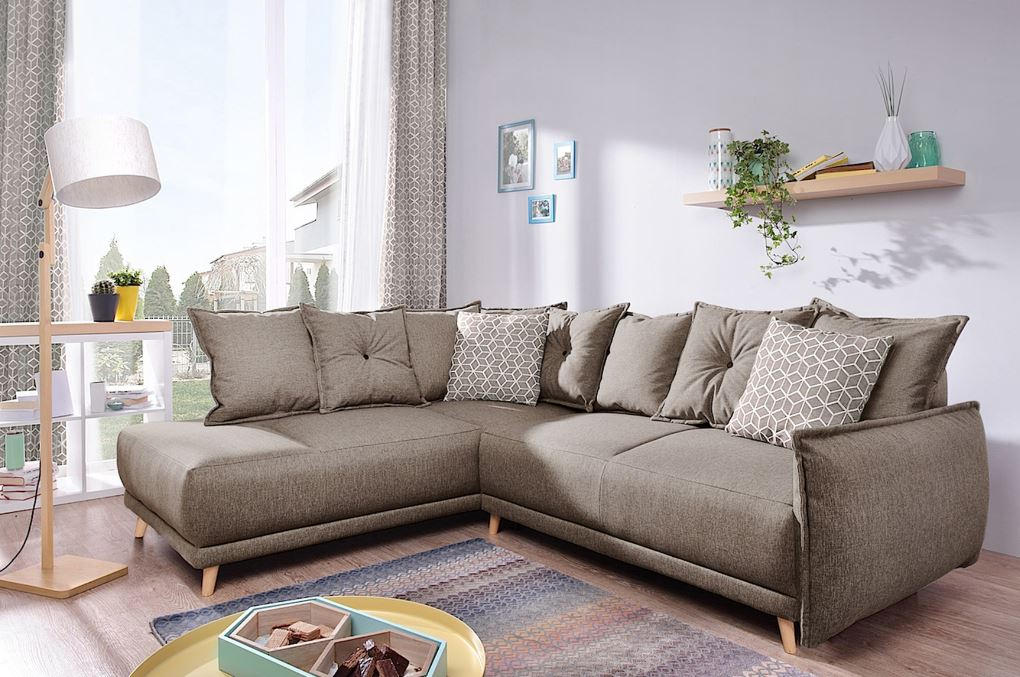 ECKSCHLAFSOFA Hellbraun Webstoff - Hellbraun/Naturfarben, Basics, Holz/Textil (190/235cm) - MID.YOU