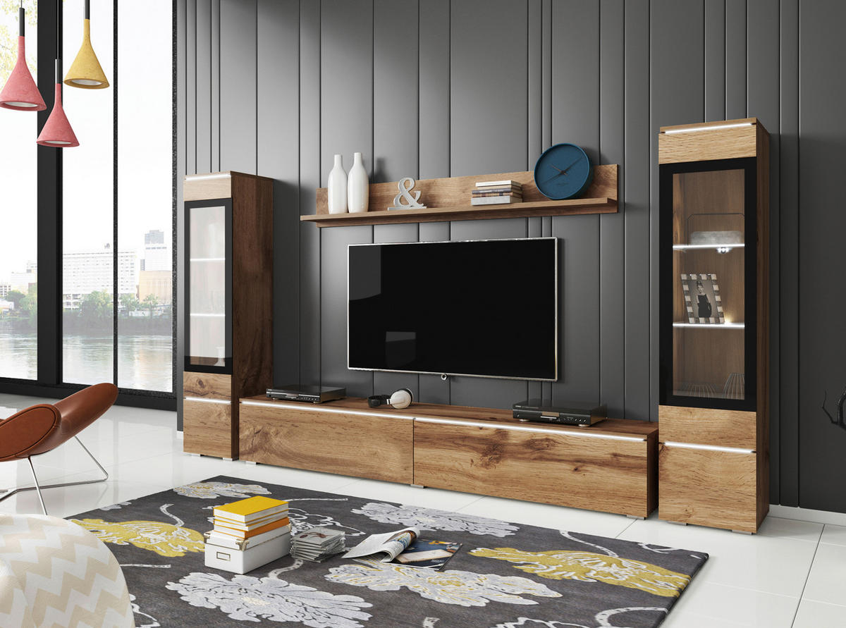 WOHNWAND Vera 4-teilig  in Eiche Wotan  240/130/33 cm  - Eiche Wotan/Grau, LIFESTYLE, Glas/Holzwerkstoff (240/130/33cm) - P & B