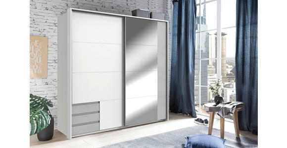 SCHWEBETÜRENSCHRANK in Weiß, Hellgrau - Hellgrau/Alufarben, Design, Glas/Holzwerkstoff (179/198/64cm) - Carryhome
