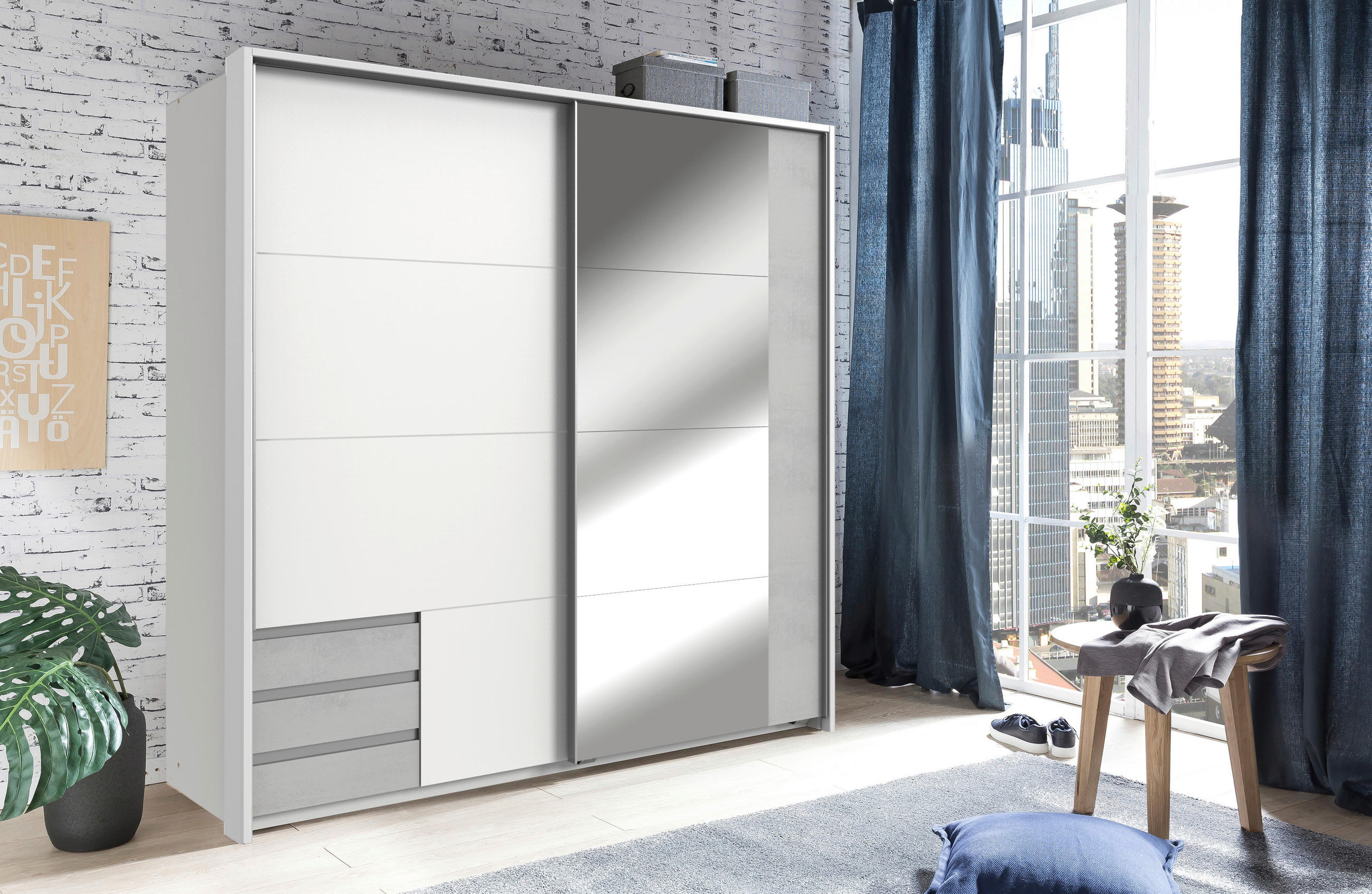 SCHWEBETÜRENSCHRANK 179/198/64 cm 2-türig Weiß, Hellgrau  - Hellgrau/Alufarben, Design, Glas/Holzwerkstoff (179/198/64cm) - Boxxx