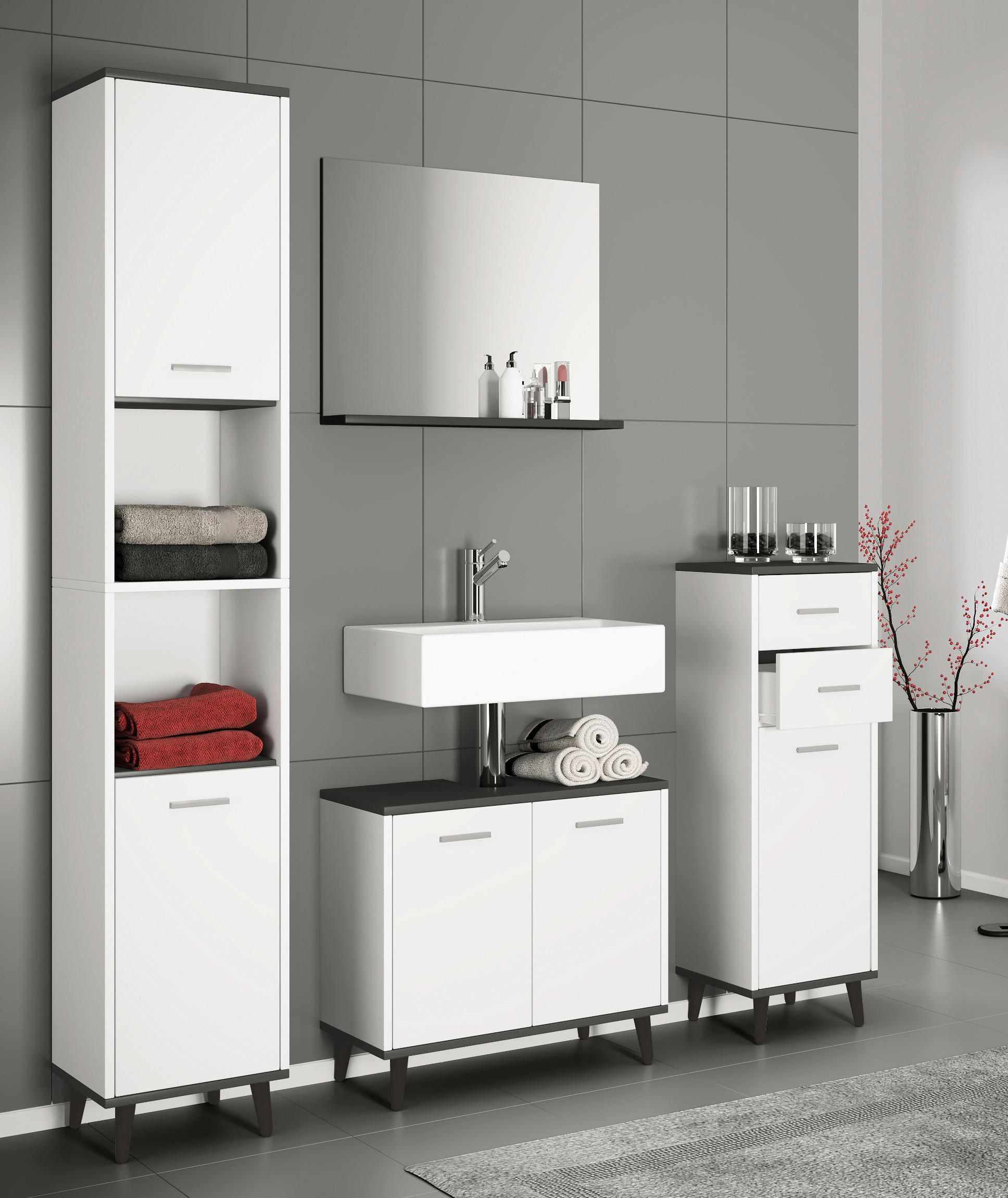 Thumbnail - Mid.you Midischrank VCM Landos, Anthrazit, Weiß, Kunststoff, 1 Fächer, 2 Schublade(n) Schubladen, 32x97x28 cm, stehend, ...