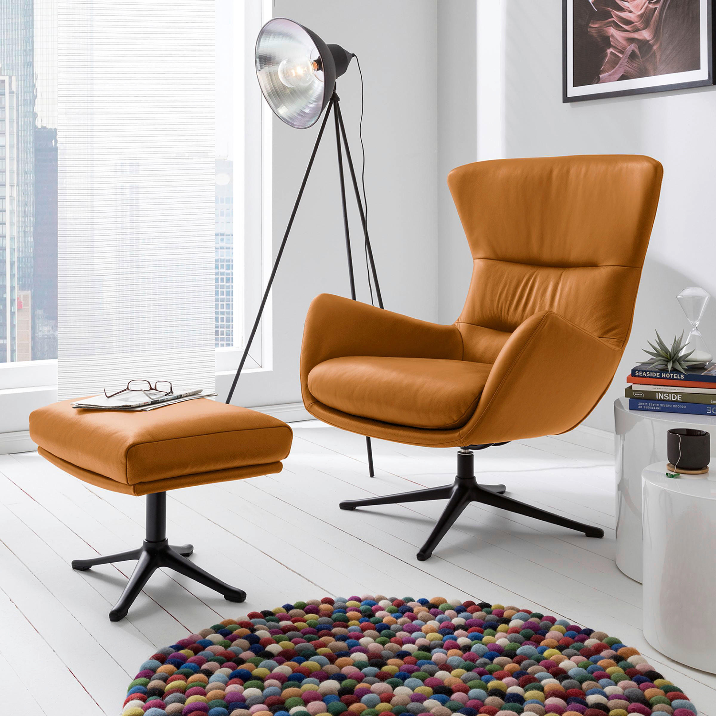 HOCKER Echtleder Cognac  - Cognac/Schwarz, Design, Leder/Metall (54/41/41cm) - home24