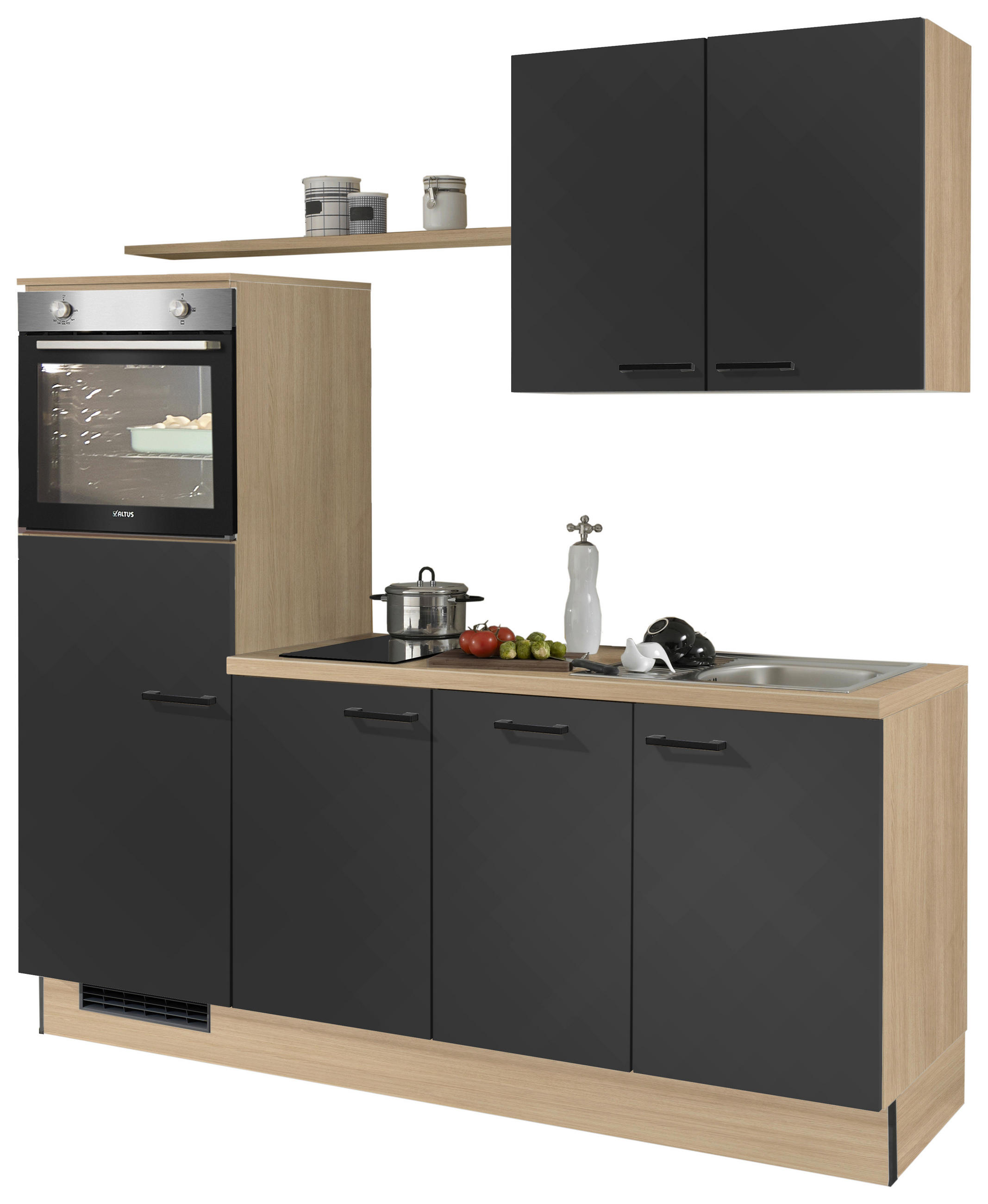 KÜCHENBLOCK 205 cm   in Graphitfarben, Eichefarben  - Edelstahlfarben/Eichefarben, Design, Holzwerkstoff/Metall (205cm) - Xora