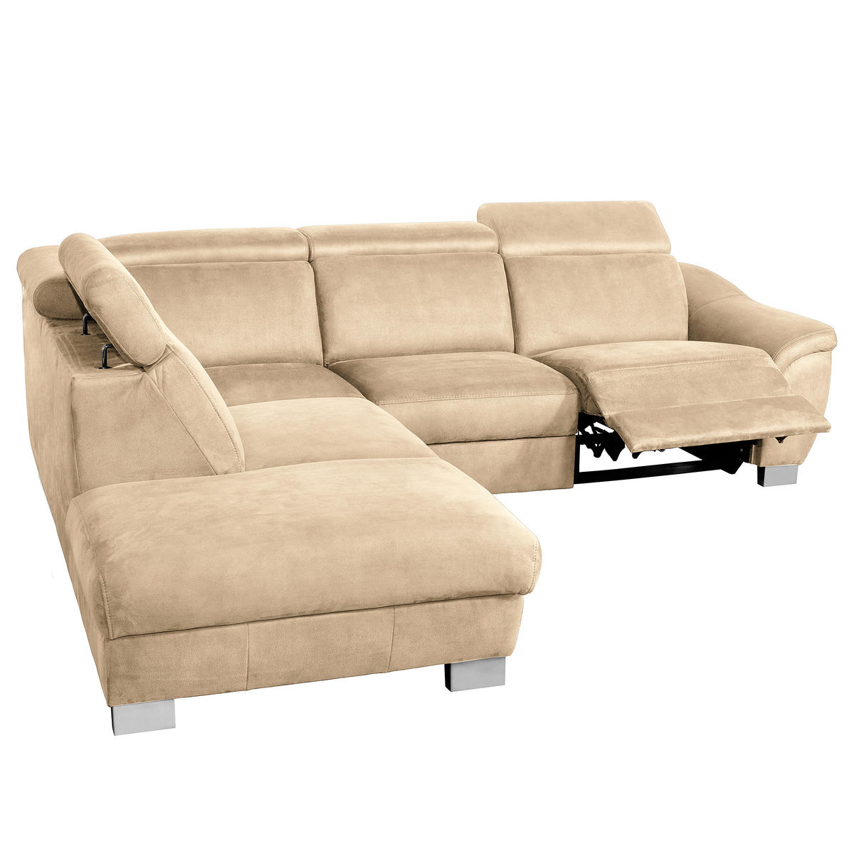 ECKSOFA Beige Mikrofaser Rücken echt, Relaxfunktion, Kopfteilverstellung  - Chromfarben/Beige, Design, Textil/Metall (238/276cm) - Livetastic