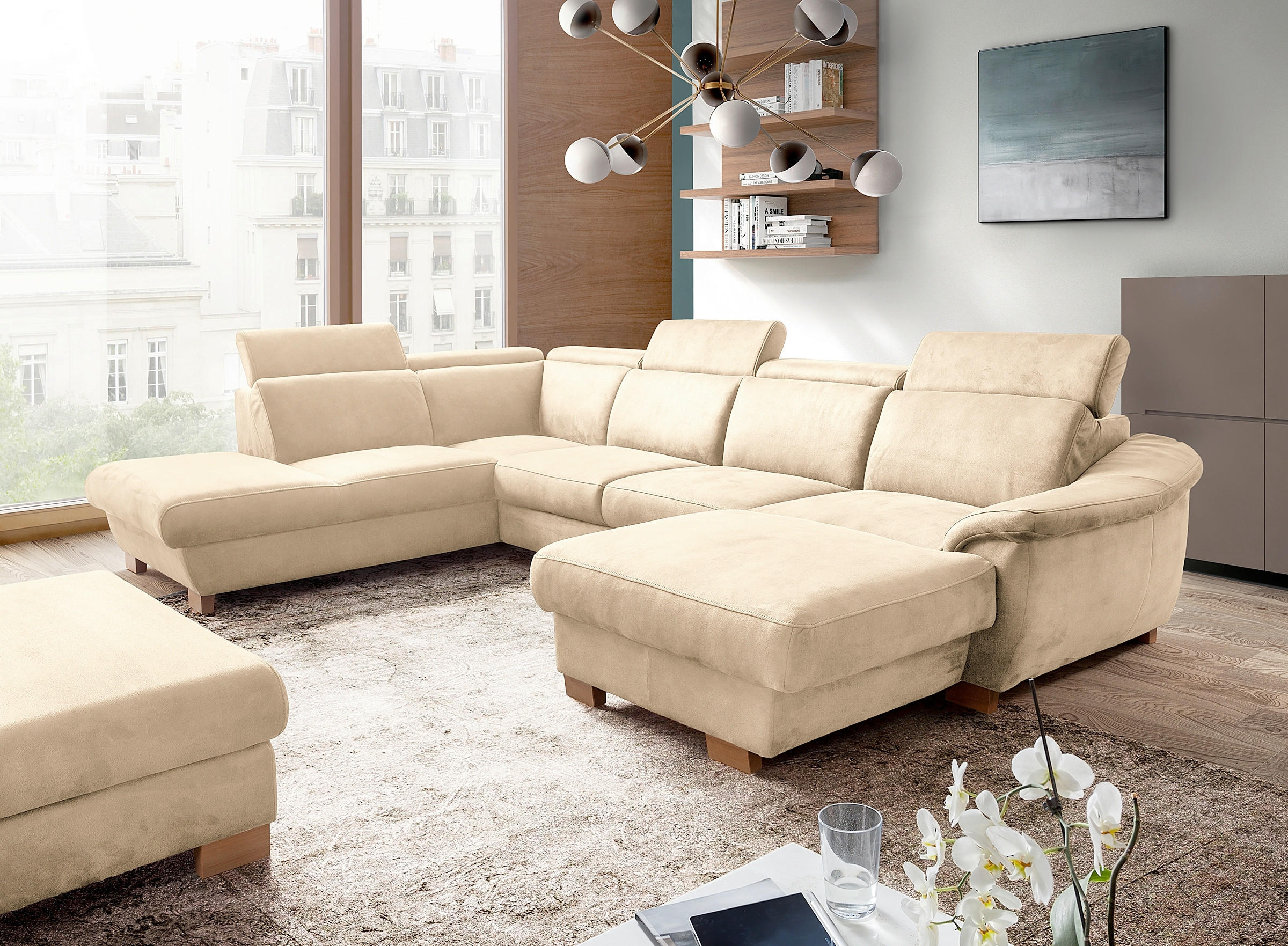 WOHNLANDSCHAFT Mikrofaser Beige  - Beige/Naturfarben, Design, Holz/Textil (273/347/238cm) - Livetastic