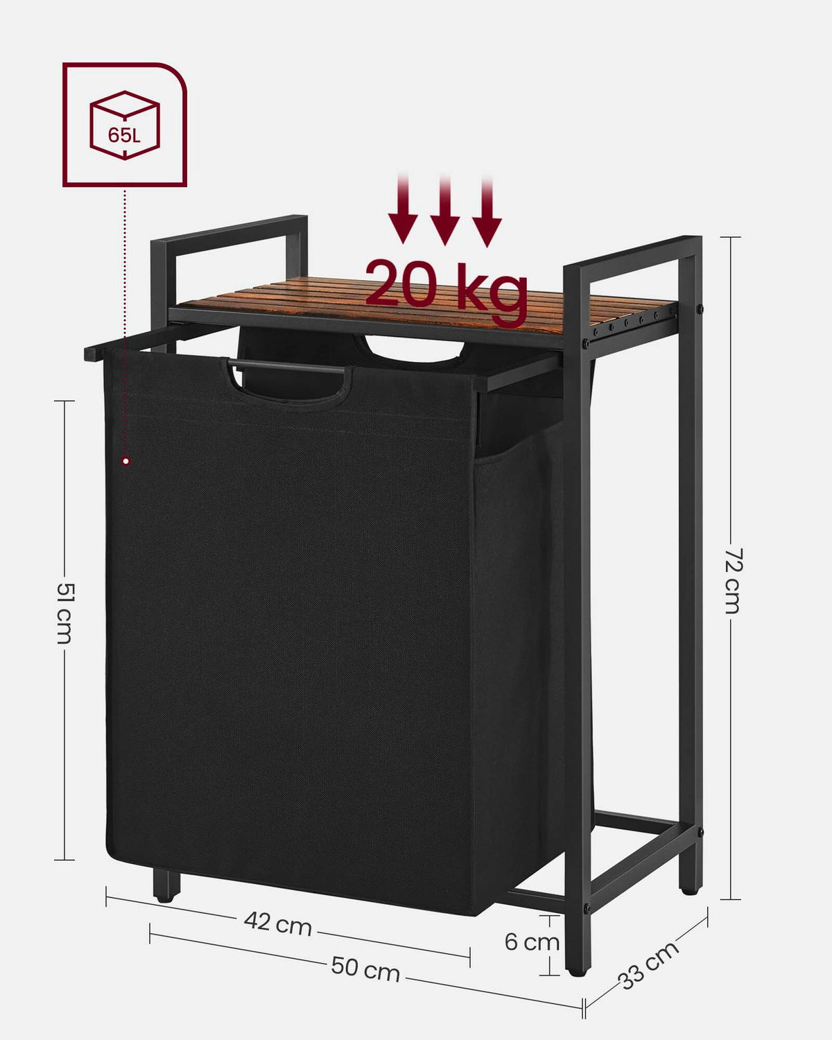 WÄSCHEKORB - Schwarz/Braun, Trend, Holzwerkstoff/Textil (50/72/33cm) - MID.YOU