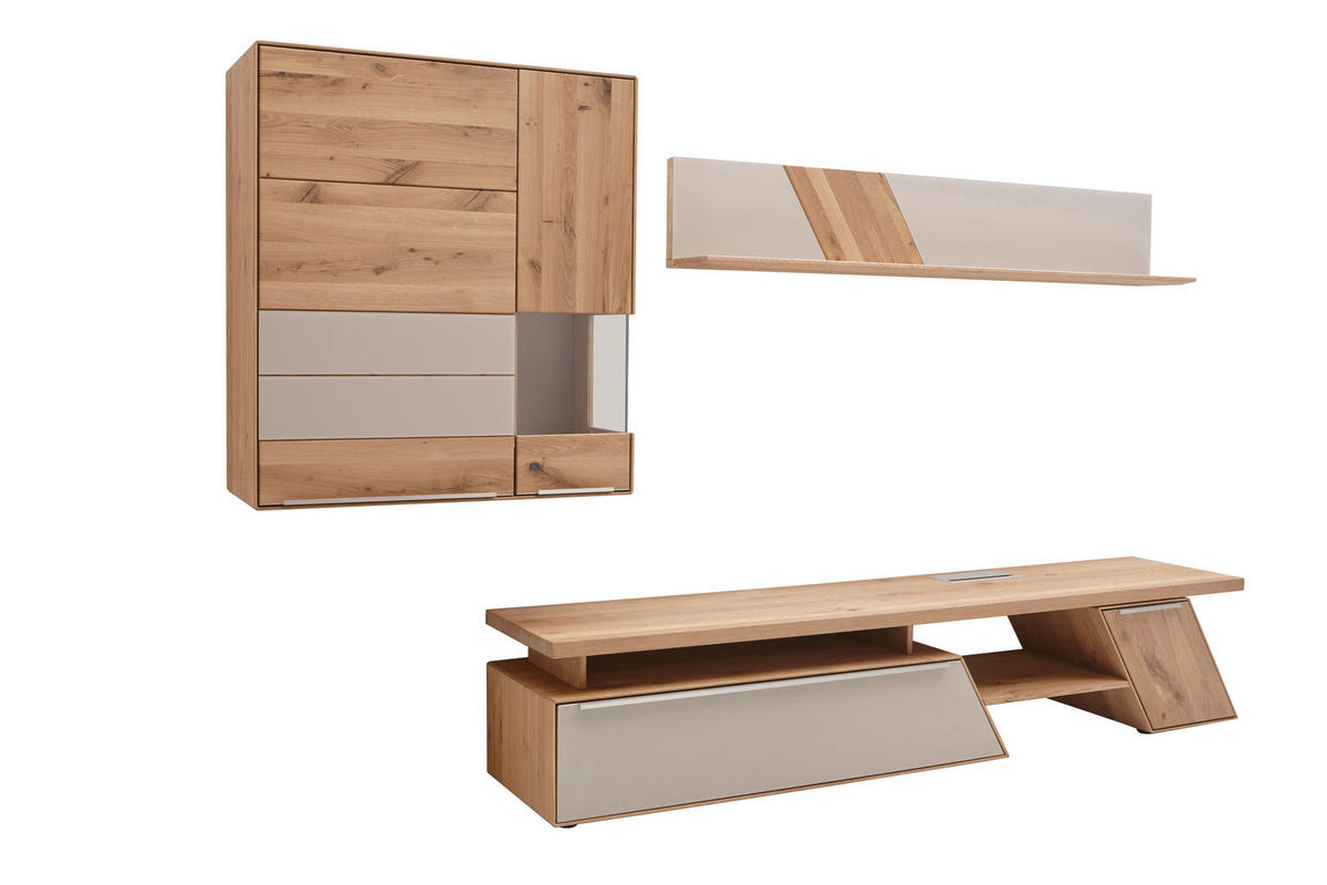 WOHNWAND  in Schlammfarben, Buchefarben  297/185/54 cm  - Edelstahlfarben/Schlammfarben, Natur, Glas/Holz (297/185/54cm) - Valnatura