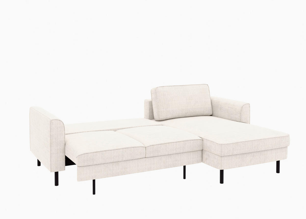 ECKSCHLAFSOFA  mit Bettkasten erhältlich, Sitzqualitäten, Schlafen auf Sitzhöhe, Bettfunktion erhältlich, Rücken echt, Armteil links, Armteil rechts Cord Creme  - Creme/Schwarz, MODERN, Textil/Metall (232/161cm) - Trendmanufaktur