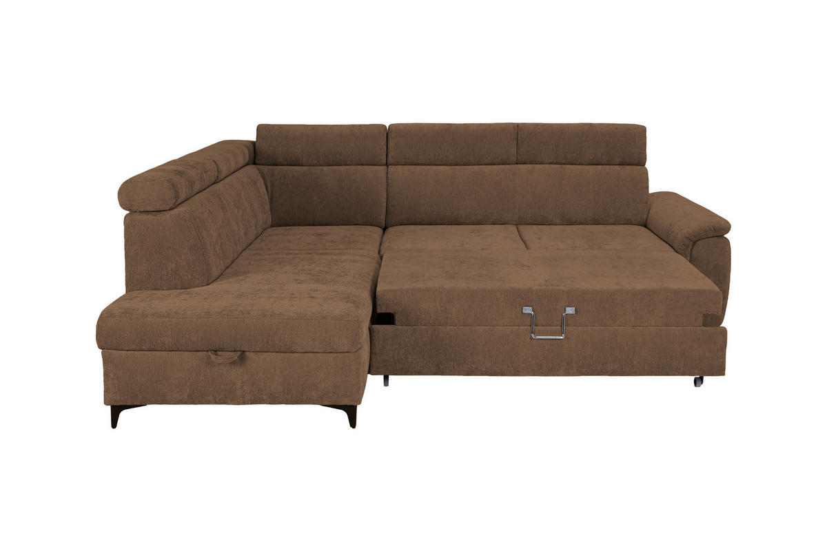 ECKSOFA Braun Chenille Bettkasten, Schlaffunktion, Rücken echt, Kopfteilverstellung, Liegefläche im Originalstoff  - Schwarz/Braun, KONVENTIONELL, Textil/Metall (206/265cm) - Carryhome