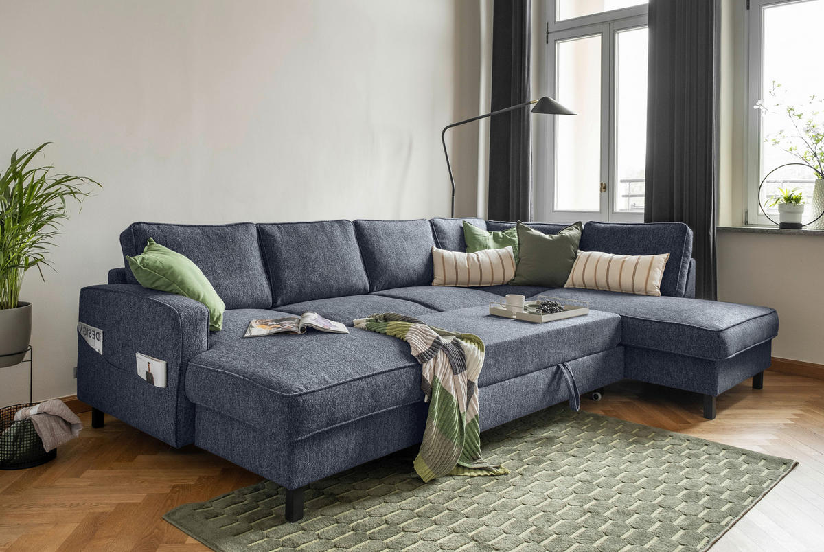 SJEDEĆA GARNITURA tekstil  tamno plava   - tamno plava/crna, tekstil/drvo (148/298/198cm) - MID.YOU