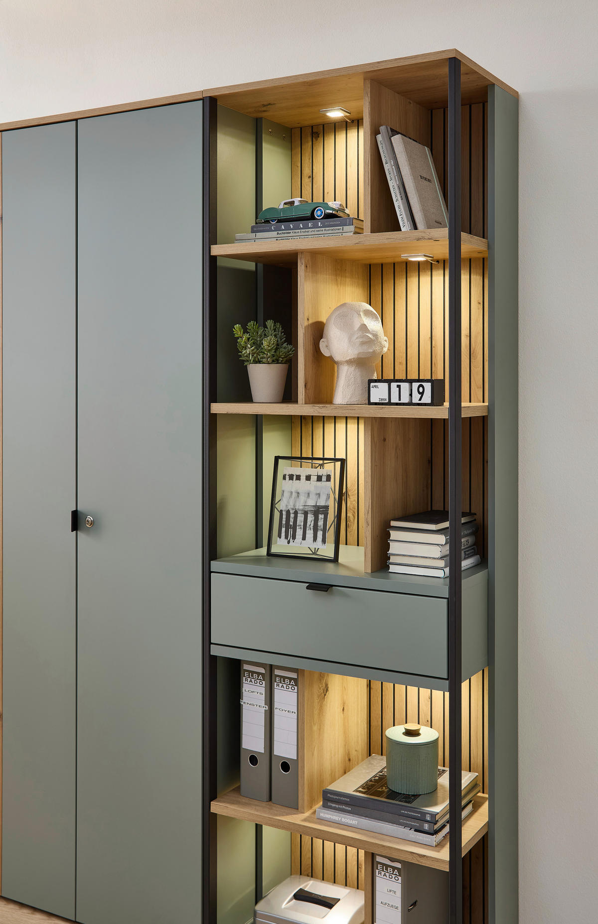 AKTENREGAL Eiche Artisan, Schilfgrün  - Schilfgrün/Schwarz, KONVENTIONELL, Holzwerkstoff/Metall (60/198/38cm) - Voleo
