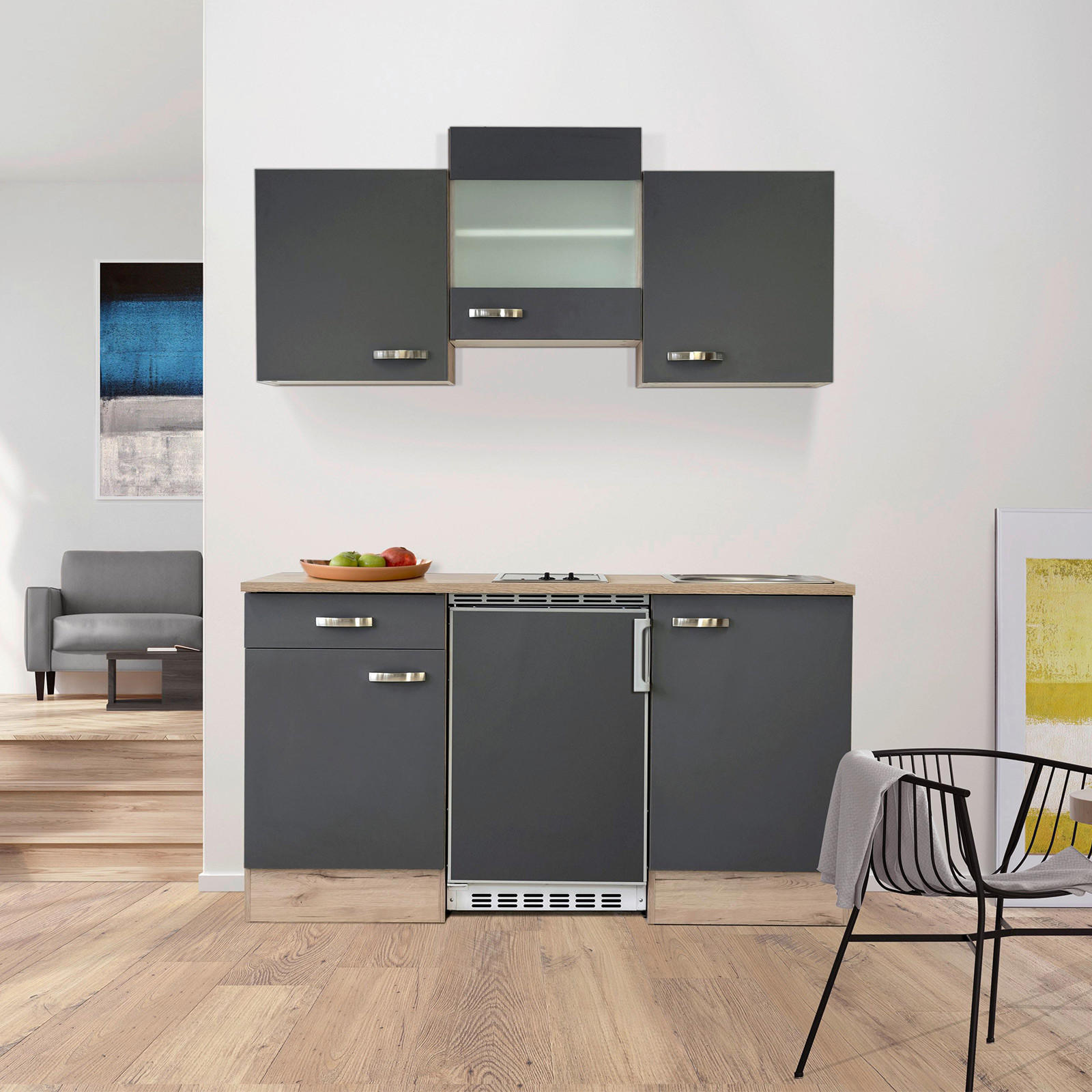 FlexWell Miniküche Grau, Eiche San Remo 150.5x209x60 cm