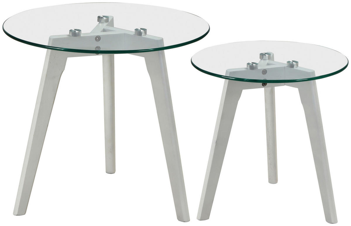 BEISTELLTISCHSET Eiche massiv rund Klar, Weiß  - Klar/Weiß, Design, Glas/Holz (50/40/50/40/45/40cm) - Carryhome