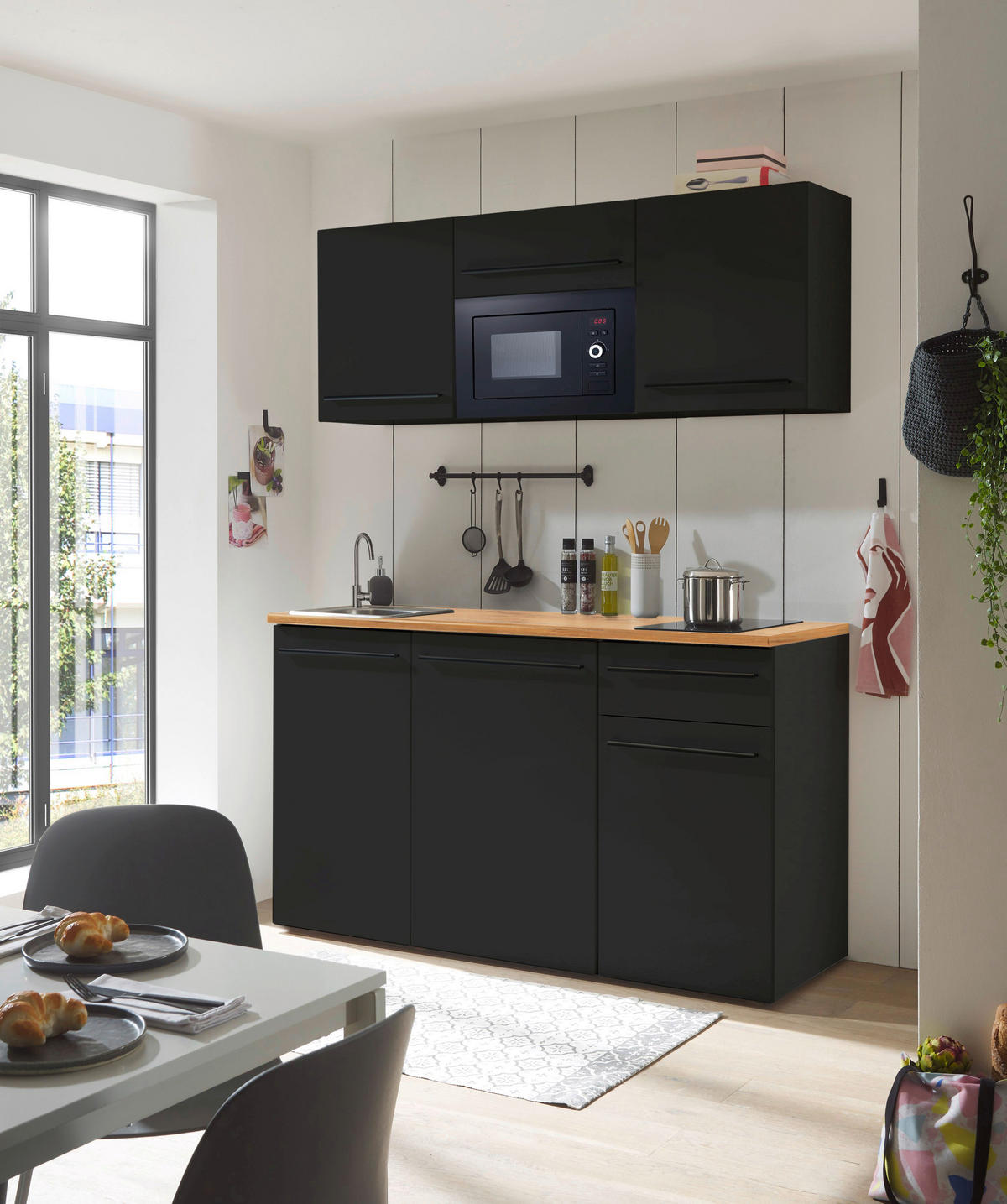 KÜCHENBLOCK 160 cm   in Schwarz, Eichefarben  - Eichefarben/Schwarz, Trend, Holzwerkstoff/Kunststoff (160cm) - Carryhome