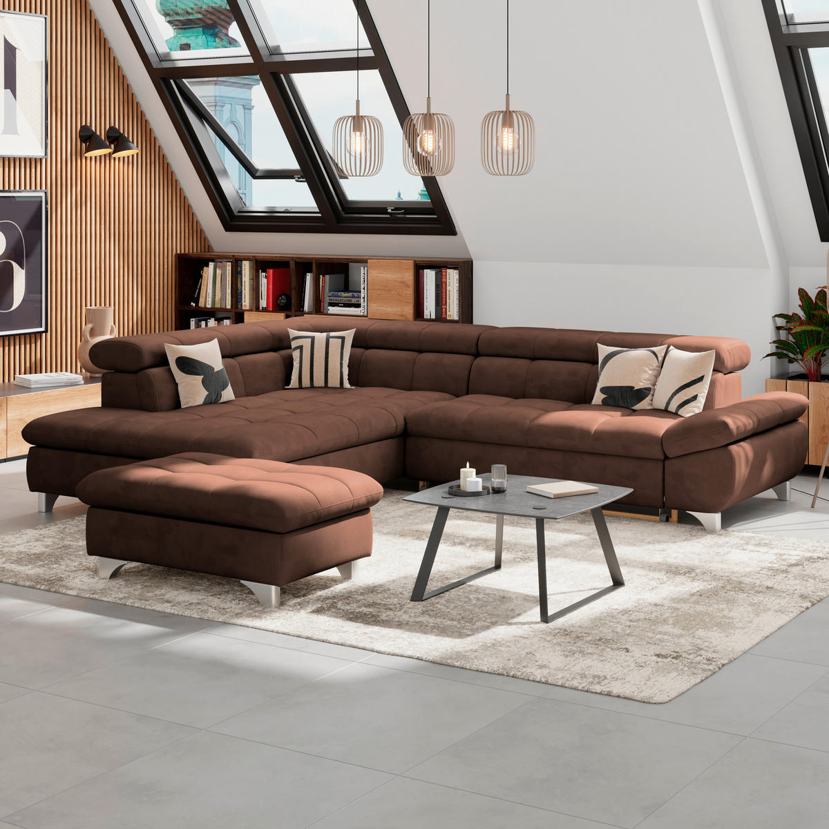 ECKSOFA Braun Chenille  - Chromfarben/Braun, KONVENTIONELL, Textil/Metall (234/312cm) - Livetastic