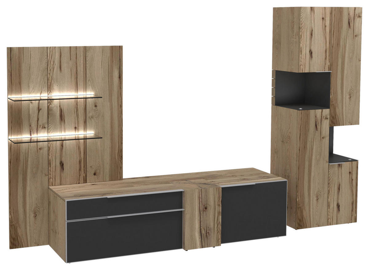 WOHNWAND  in Anthrazit, Eichefarben  306/194/58,3 cm  - Edelstahlfarben/Eichefarben, Design, Glas/Holz (306/194/58,3cm) - Voglauer