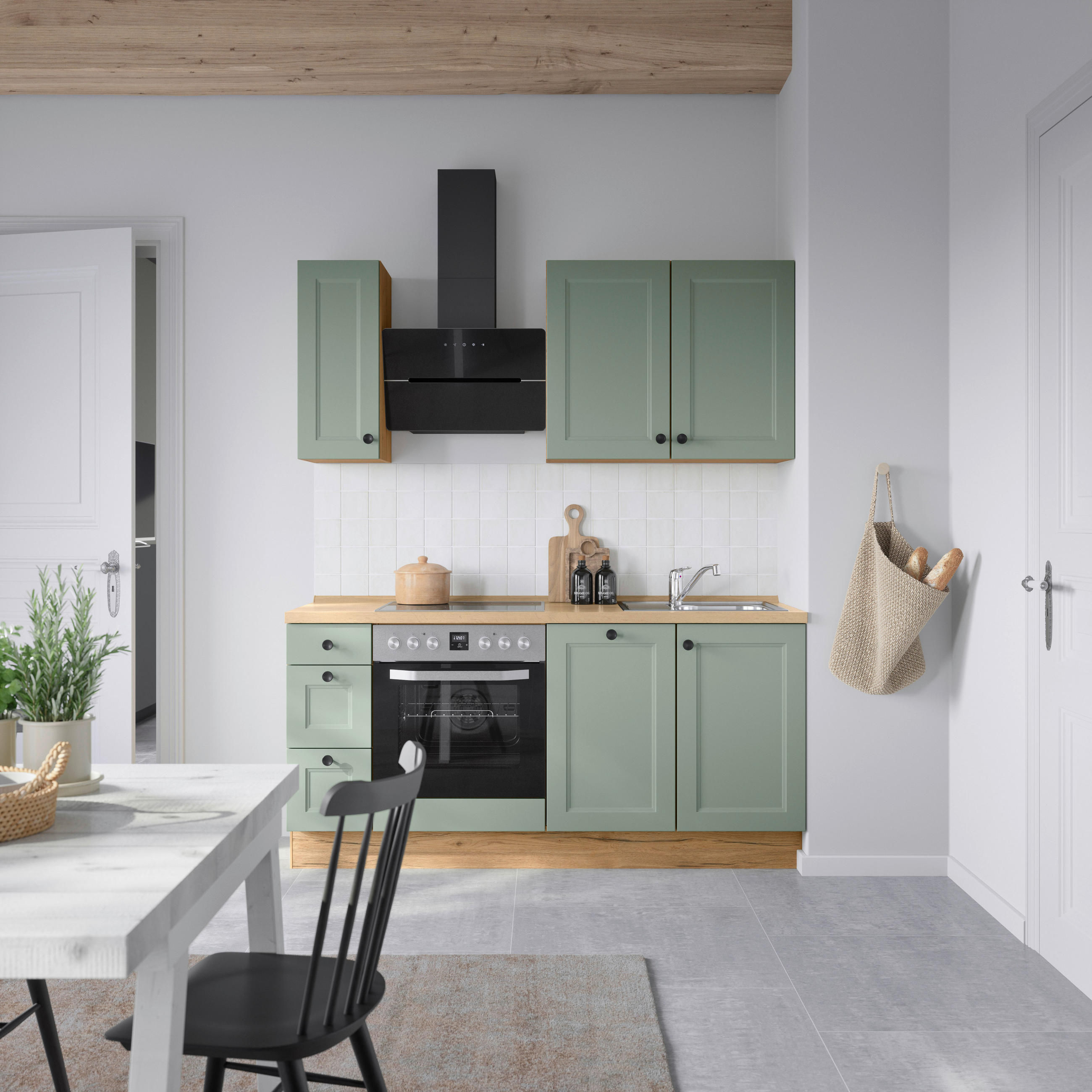 KÜCHENLEERBLOCK 180 cm   in Grün, Eichefarben  - Eichefarben/Schwarz, ROMANTIK / LANDHAUS, Holzwerkstoff/Metall (180cm) - Nobilia