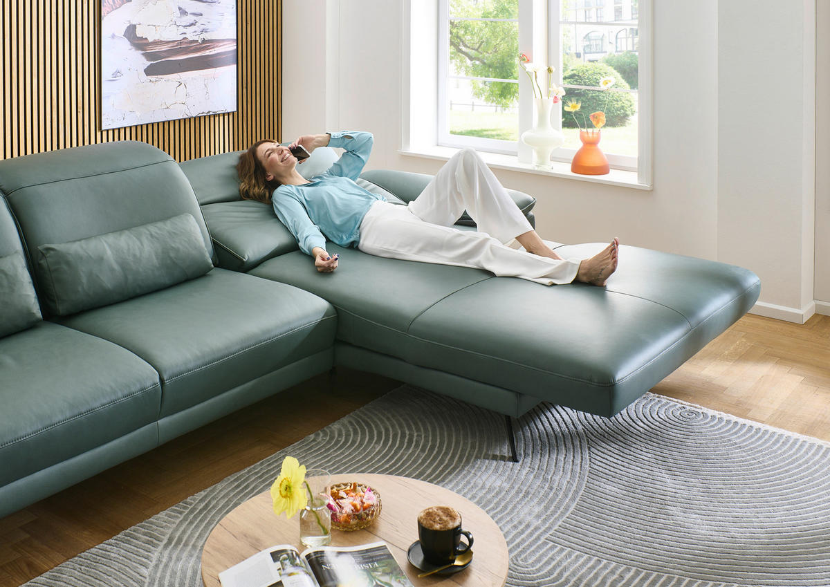ECKSOFA Opal Echtleder  - Opal/Schwarz, Design, Leder/Metall (332/193cm) - Dieter Knoll