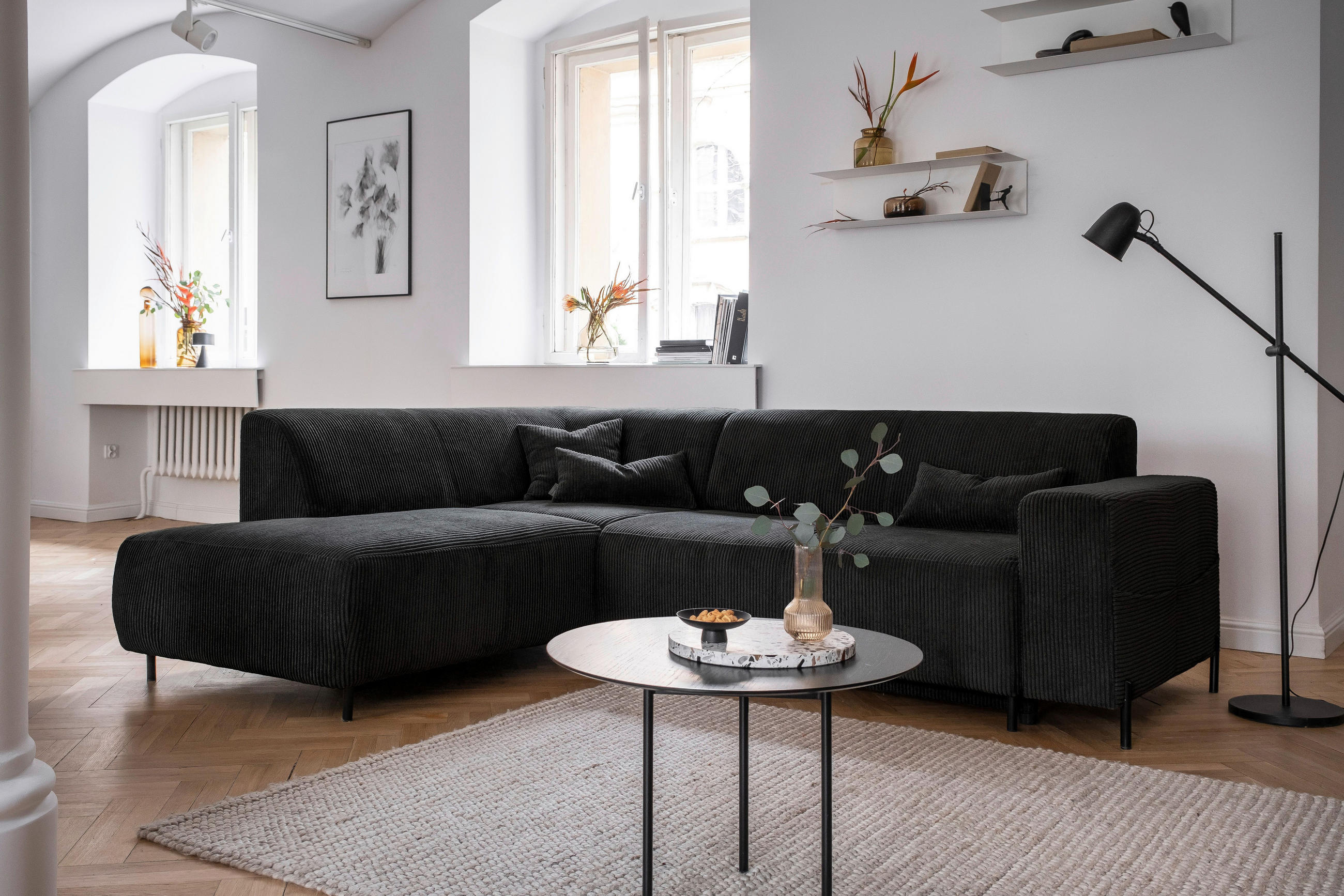 ECKSOFA in Cord Dunkelgrau  192/250 cm  - Dunkelgrau/Schwarz, Textil/Metall (192/250cm) - MID.YOU