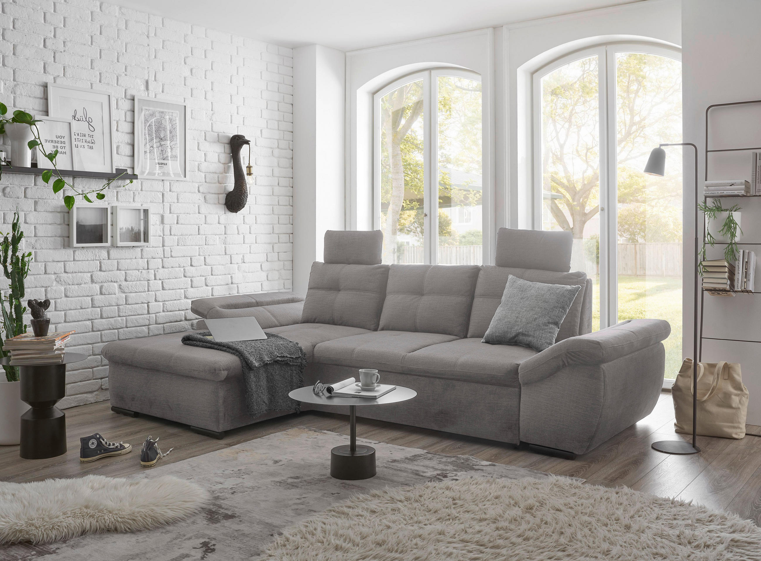 ECKSOFA in Mikrovelours Hellgrau  - Hellgrau/Schwarz, KONVENTIONELL, Kunststoff/Textil (170/275cm) - Carryhome
