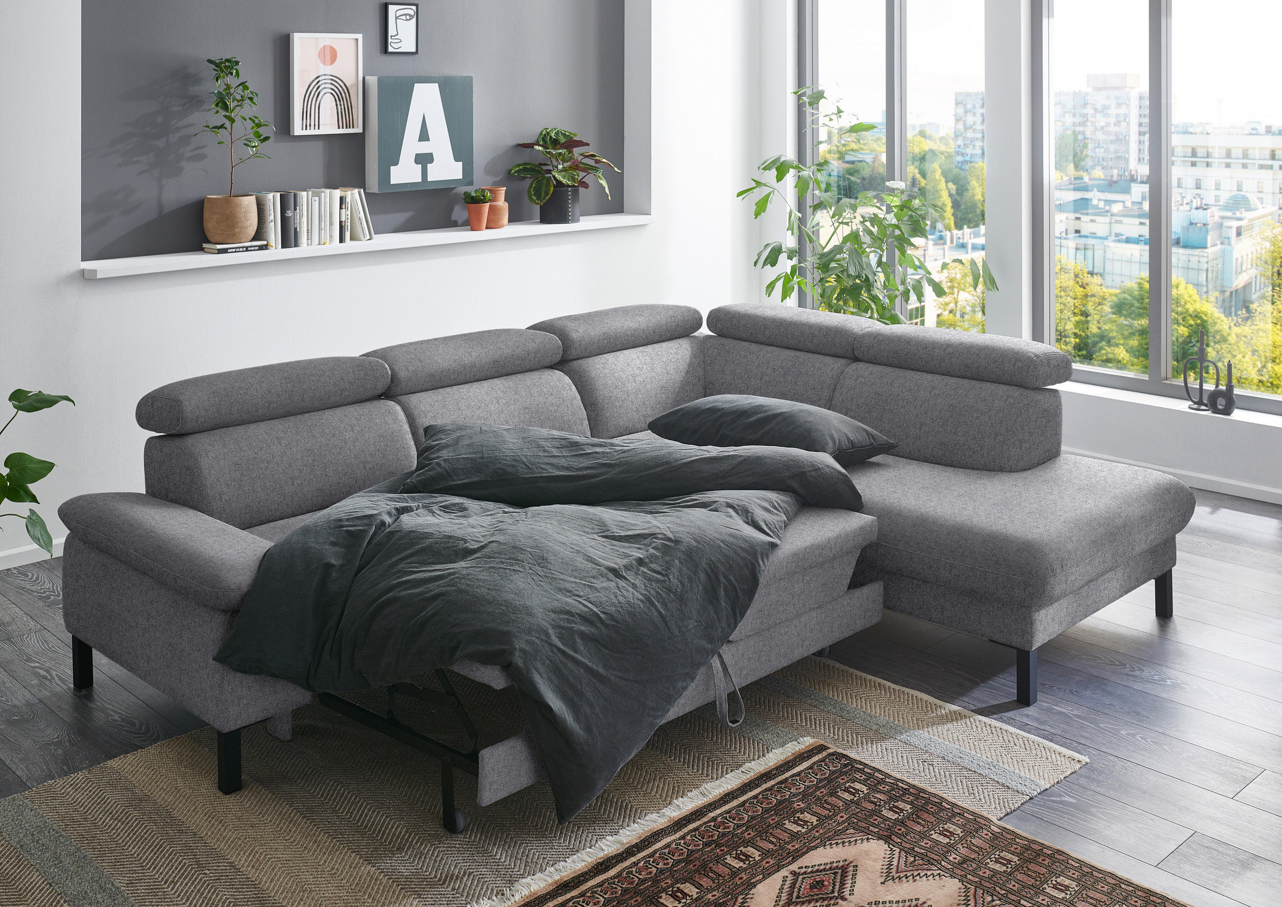 ECKSOFA in Flachgewebe Grau  - Schwarz/Grau, Design, Holzwerkstoff/Textil (272/217cm) - Pure Home Comfort